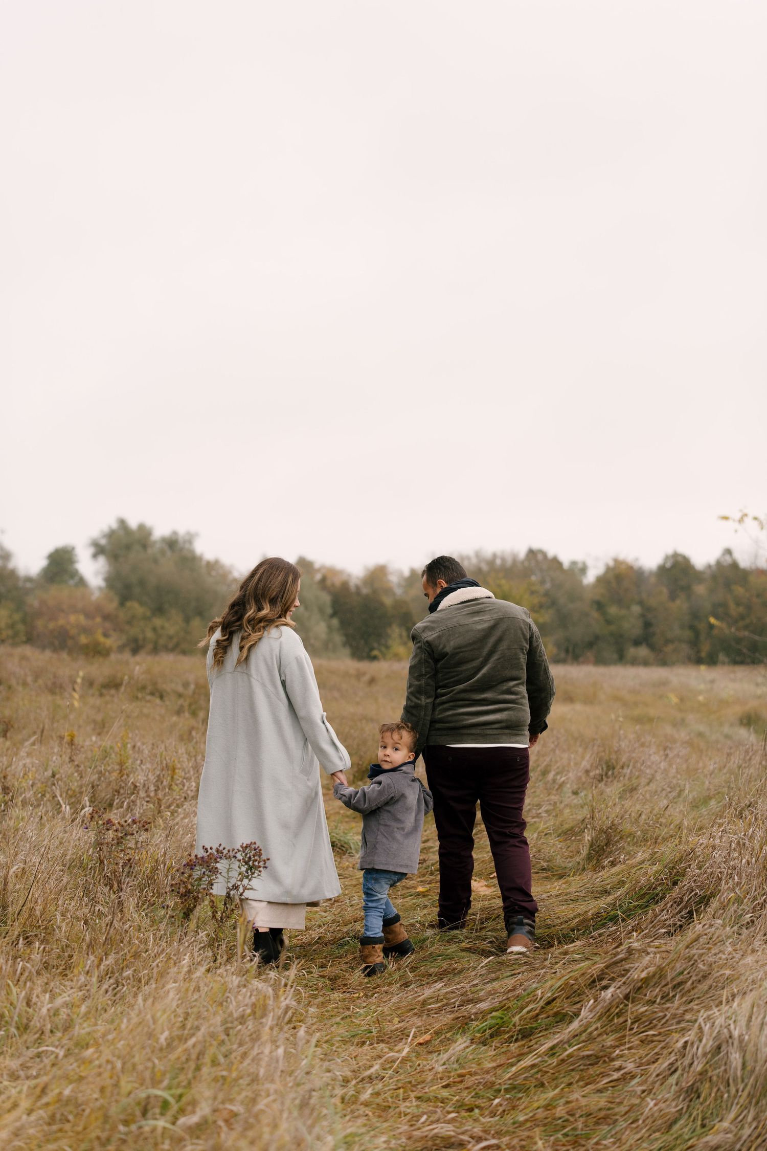 Family of three walking through autumn field, parents holding toddler's hands, viewed from behind.