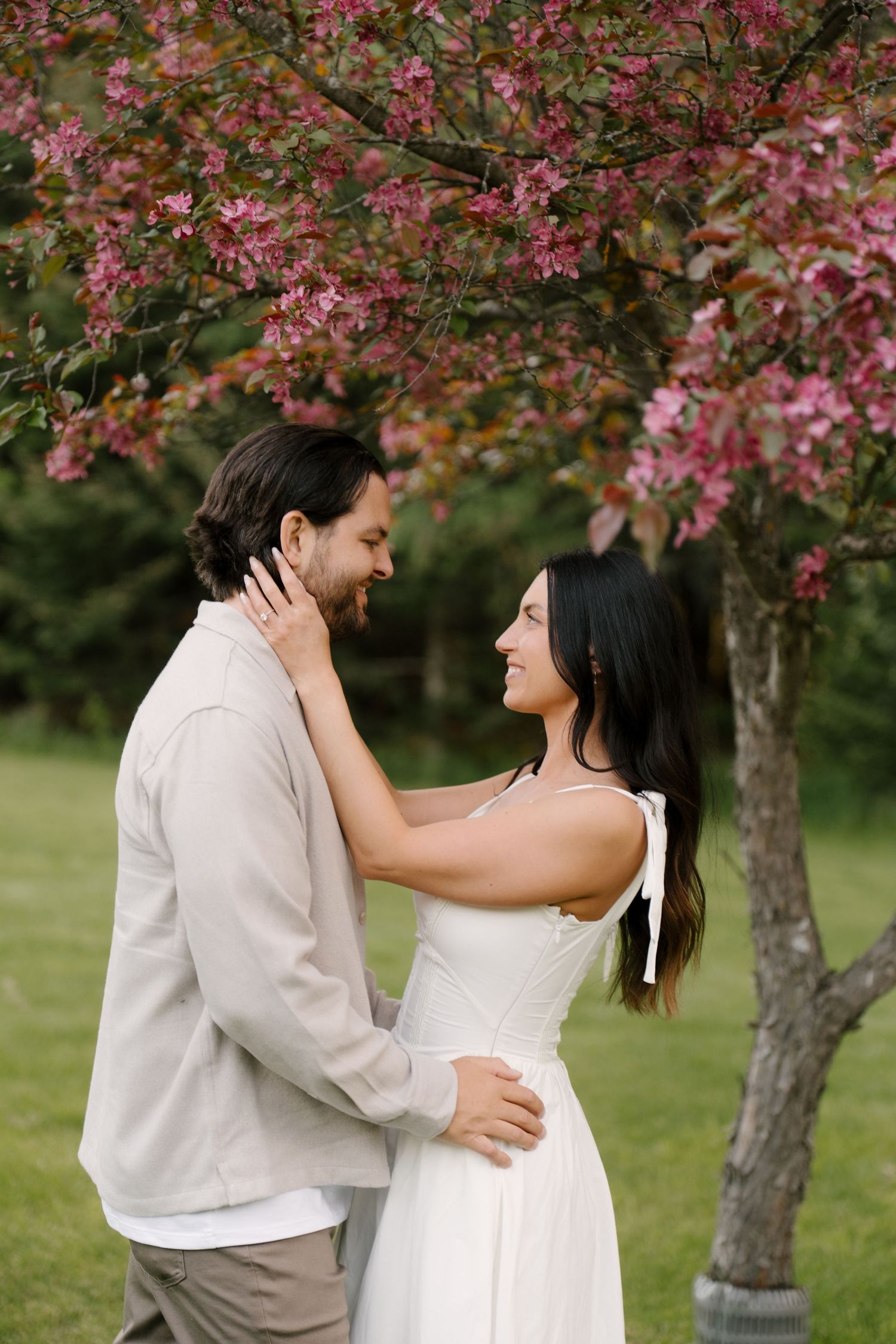 Couple embracing and smiling under blooming pink flowering tree in lush green garden.
