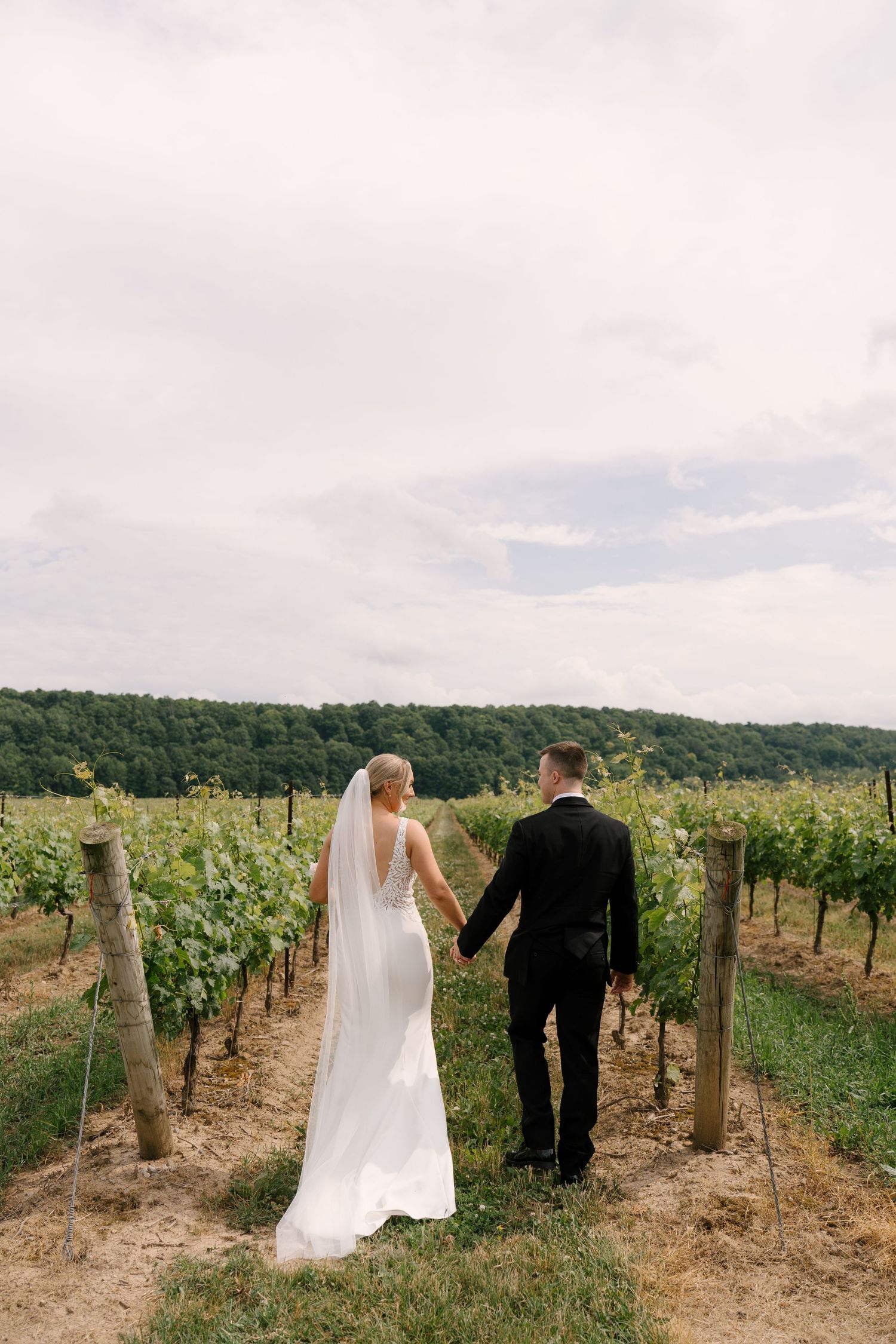 Bride and groom walk hand in hand through scenic vineyard rows on wedding day at Niagara on the lake.