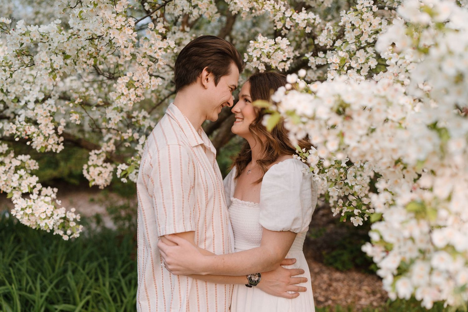 Couple sharing a tender romantic moment while embracing beneath branches of a white flowering cherry blossom tree.