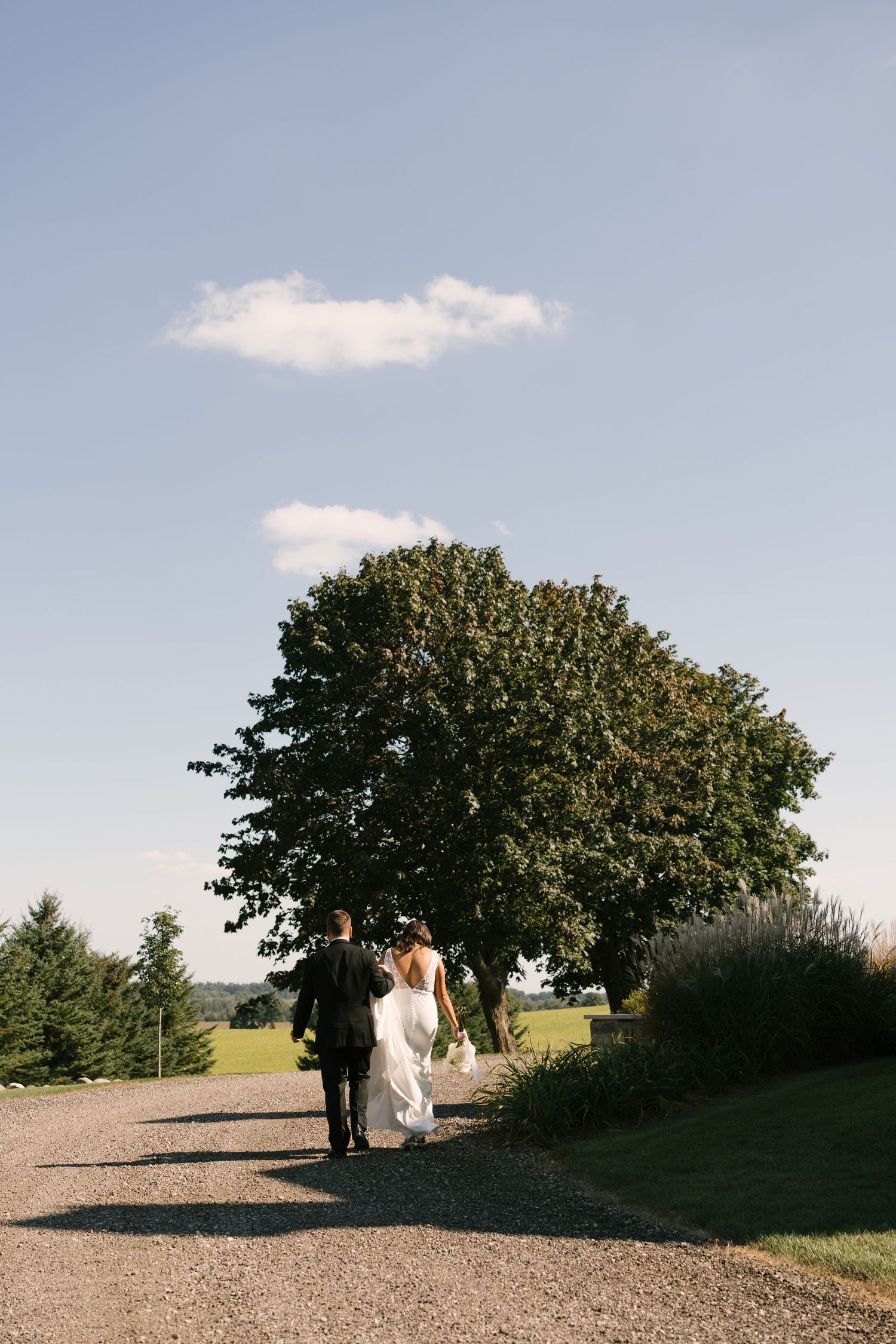 Bride and groom walk away down gravel path toward large tree under blue sky.