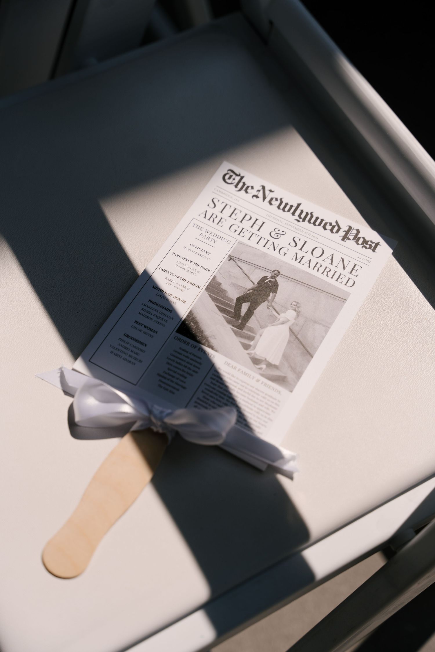 Wedding ceremony program designed as newspaper headline for Steph and Sloane's marriage.