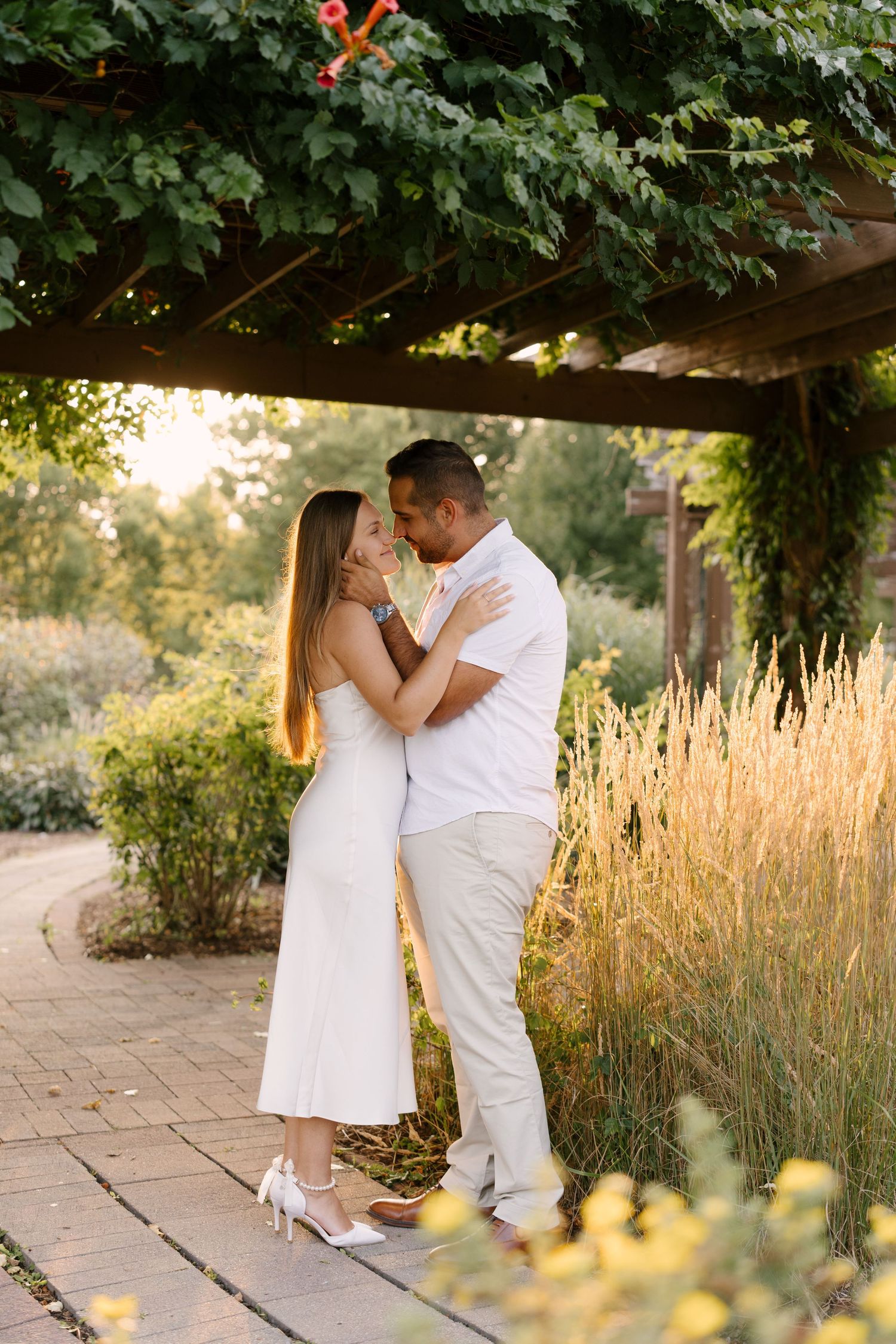 Couple sharing a romantic moment under a lush pergola surrounded by golden sunset garden greenery.