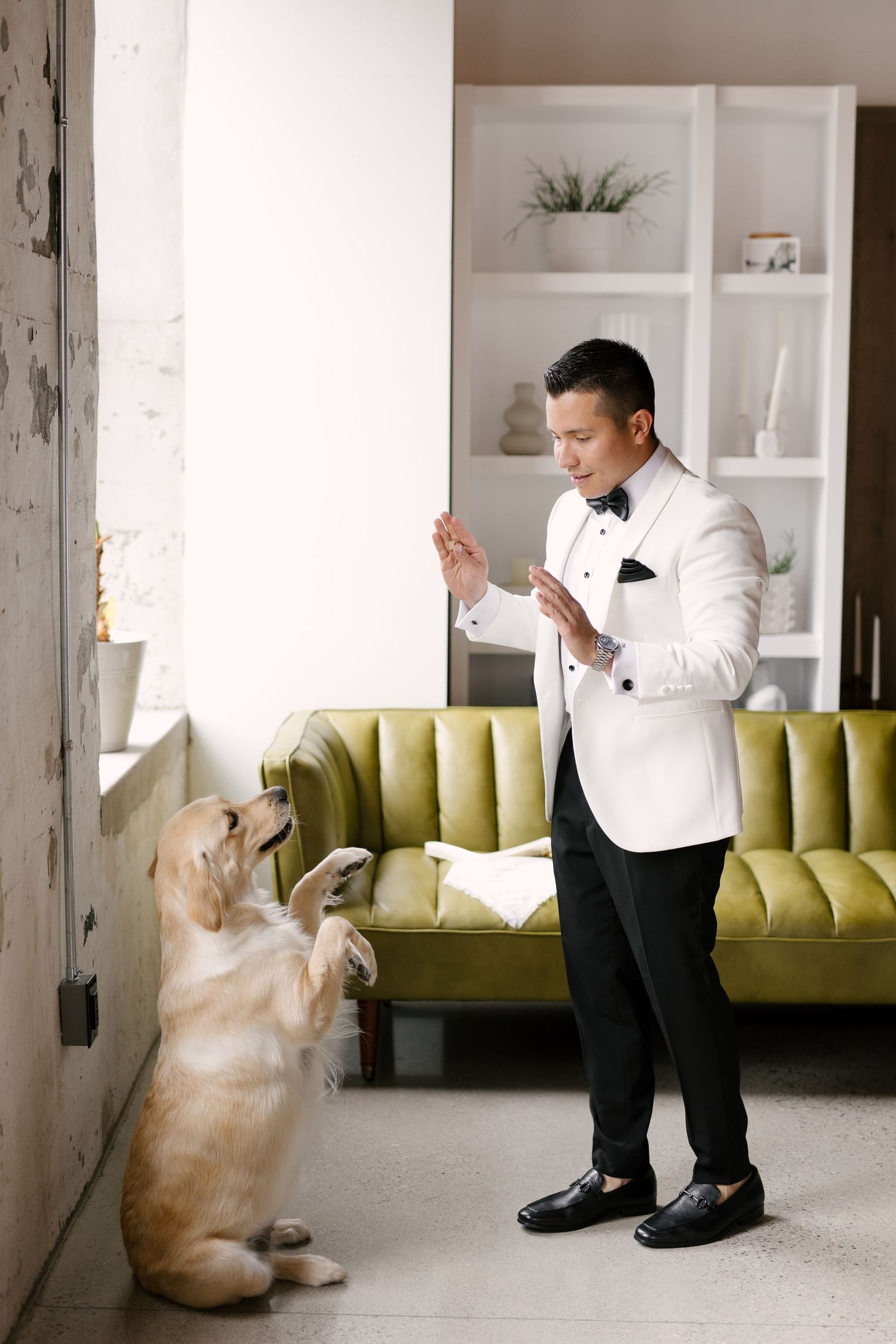 Groom in white tuxedo high-fiving golden retriever dog on hind legs in modern bright room at Tapestry Hall wedding venue.