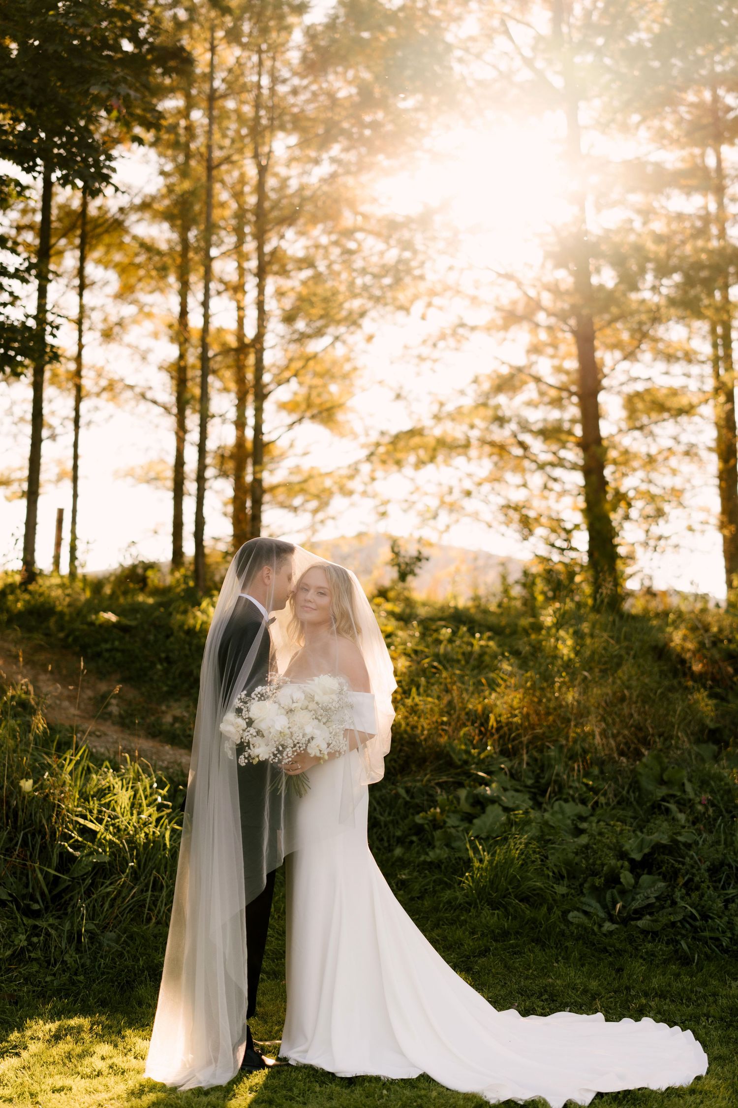 Couple embraces beneath a long bridal veil with stunning golden sunlight streaming through tall trees behind them.