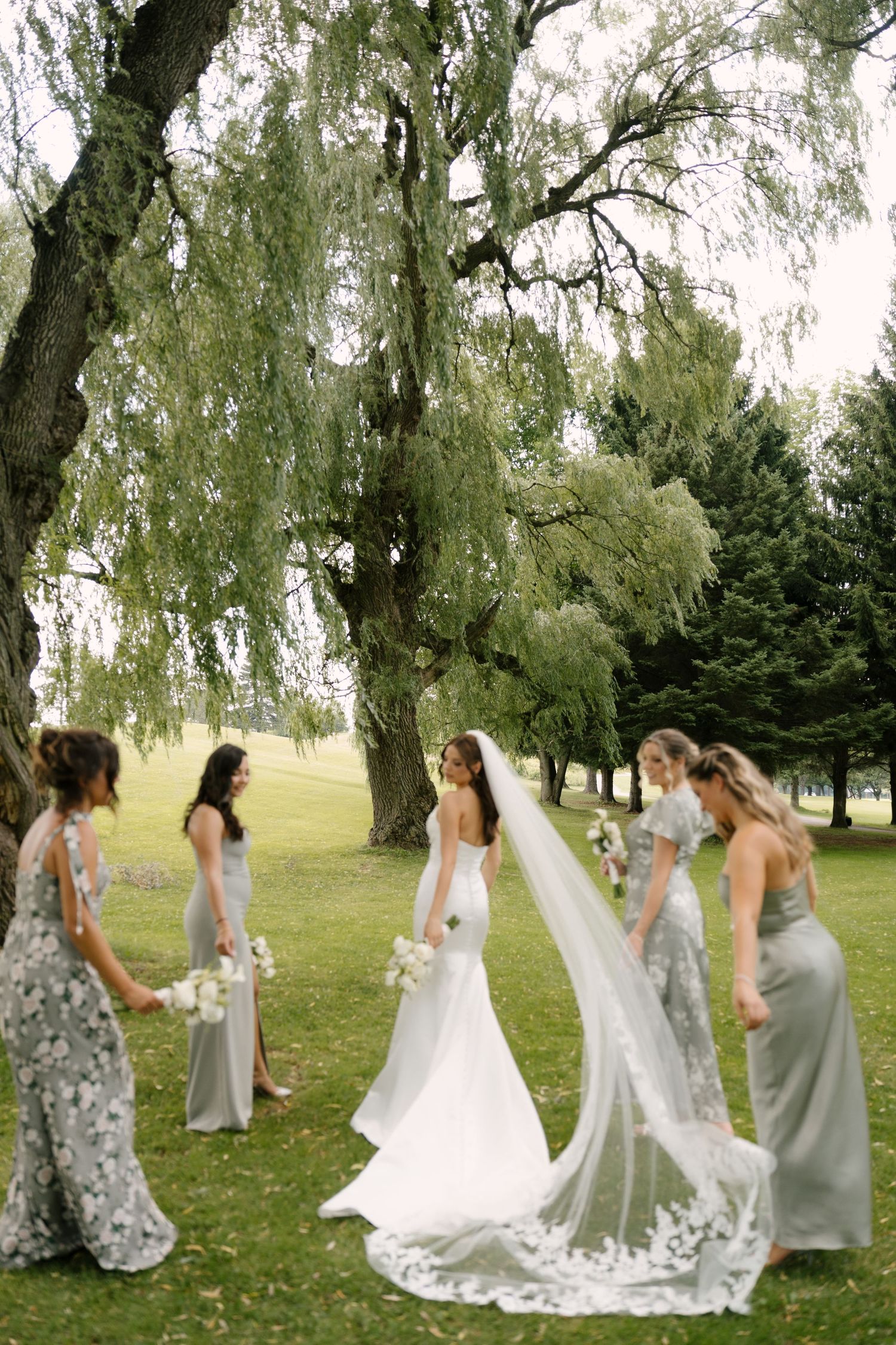 Bride in white gown and veil stands with bridesmaids in sage dresses under a weeping willow tree.