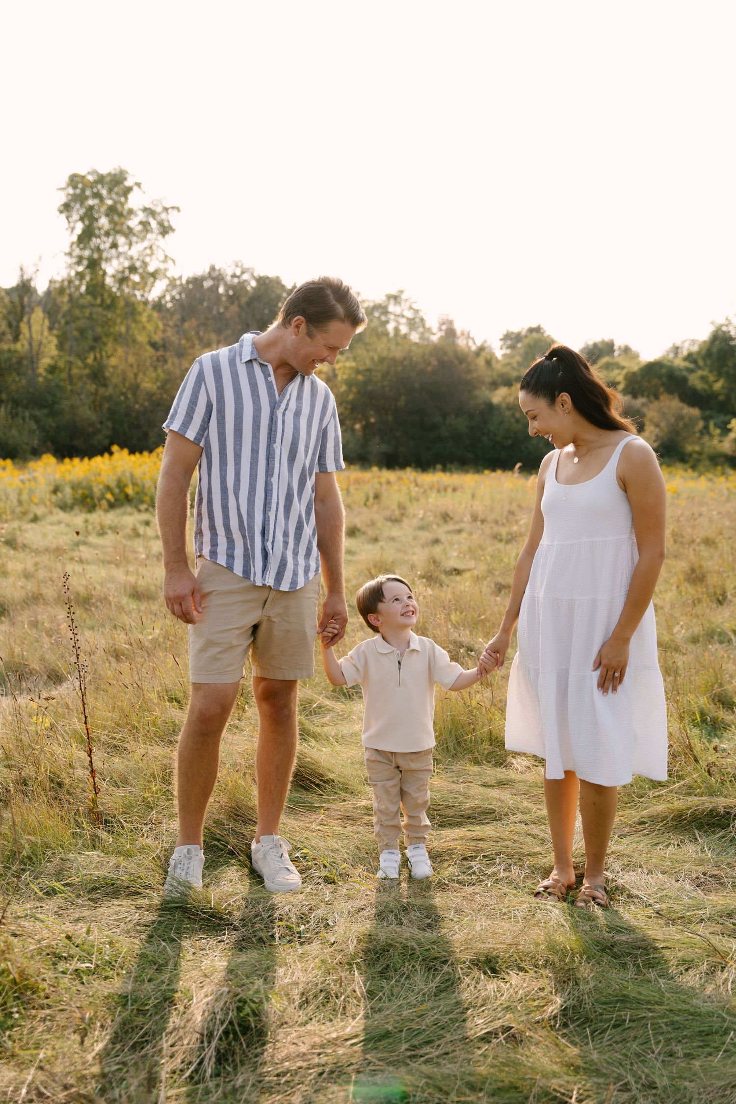 Young family holding hands and walking together in a golden sunlit meadow.