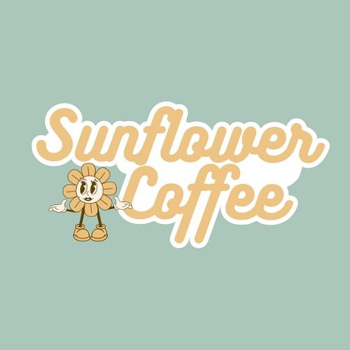 Retro-style coffee text design with sunflower illustrations on mint green background.