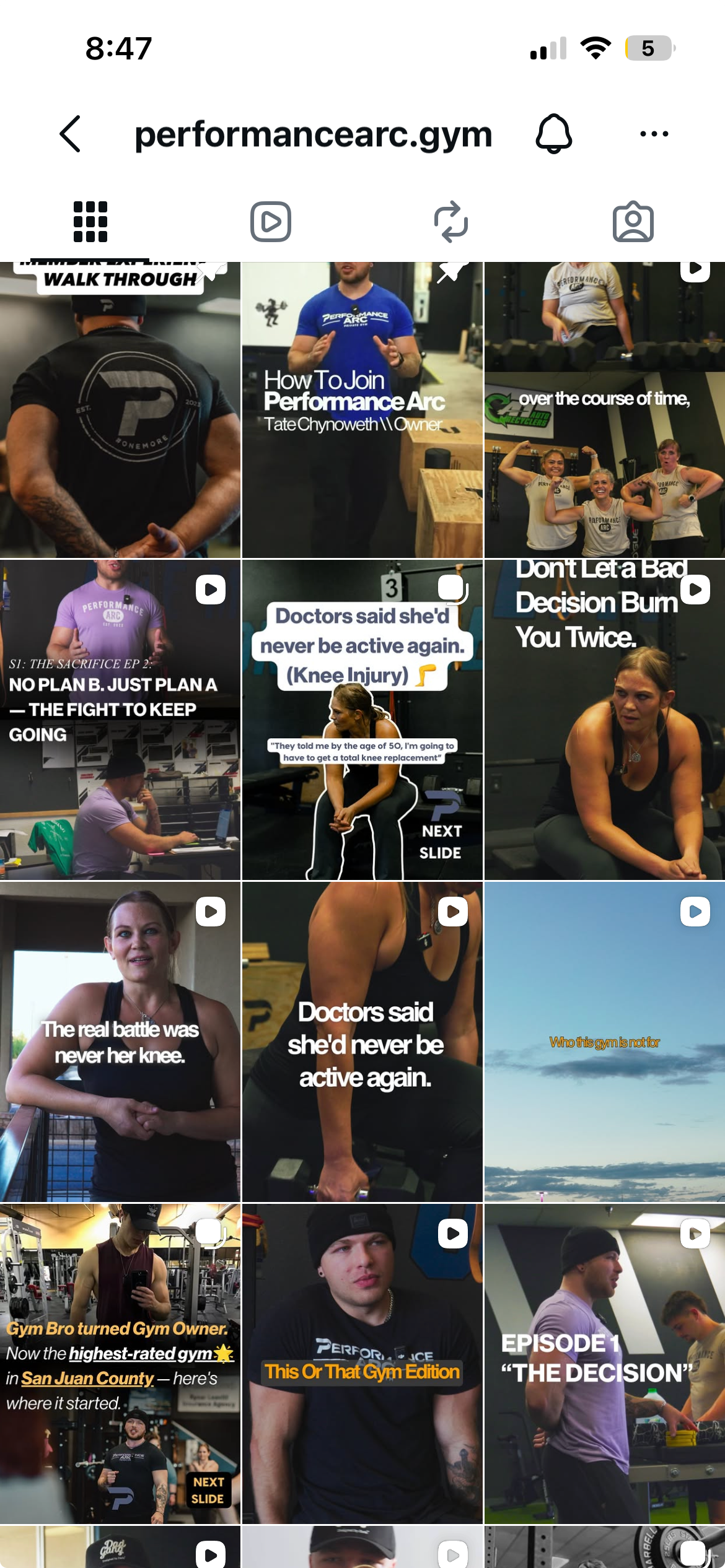 Instagram grid of Performance Arc gym featuring workout videos, injury recovery stories, and gym owner highlights in San Juan County.