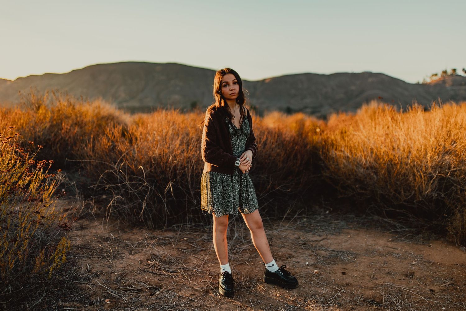 Artistic outdoor portraits in golden grass field at sunset.