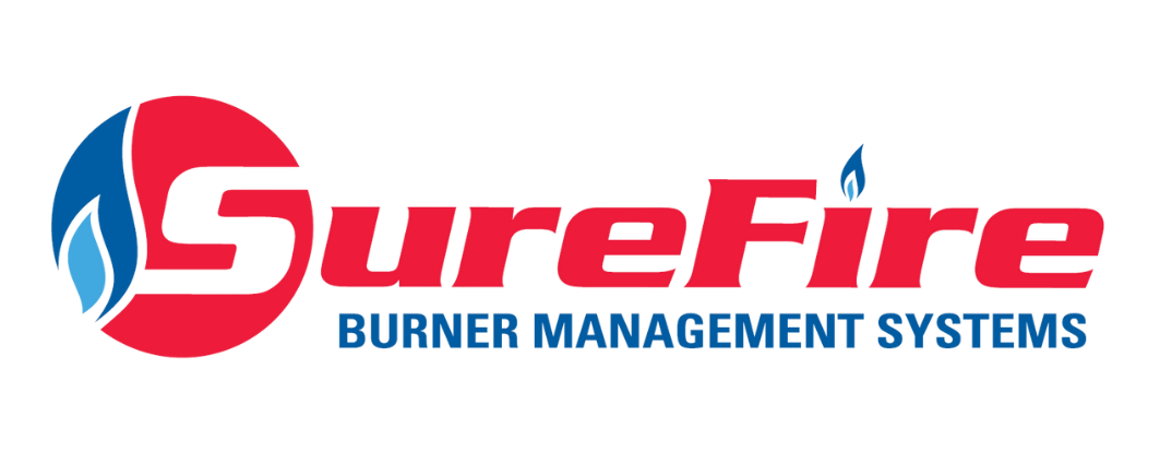 SureFire company logo featuring blue and red colors with flame symbol and text.