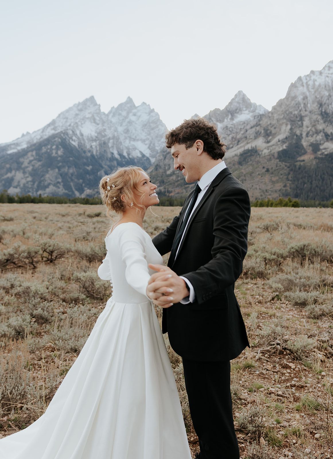 Candid bridal photoshoot in Grand Teton National Park, mountain elopement
