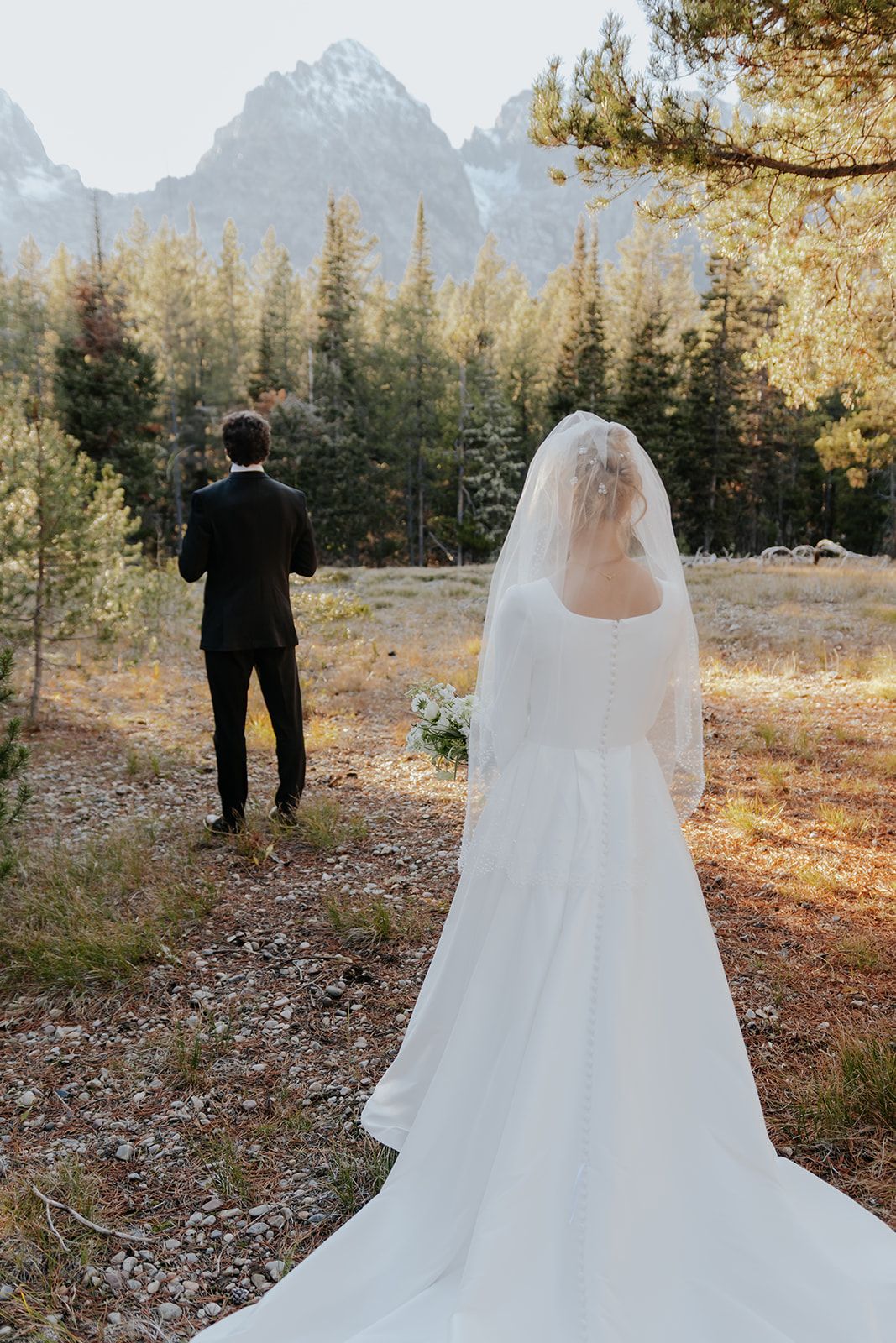 First look in Grand Teton National Park, mountain bridal photos