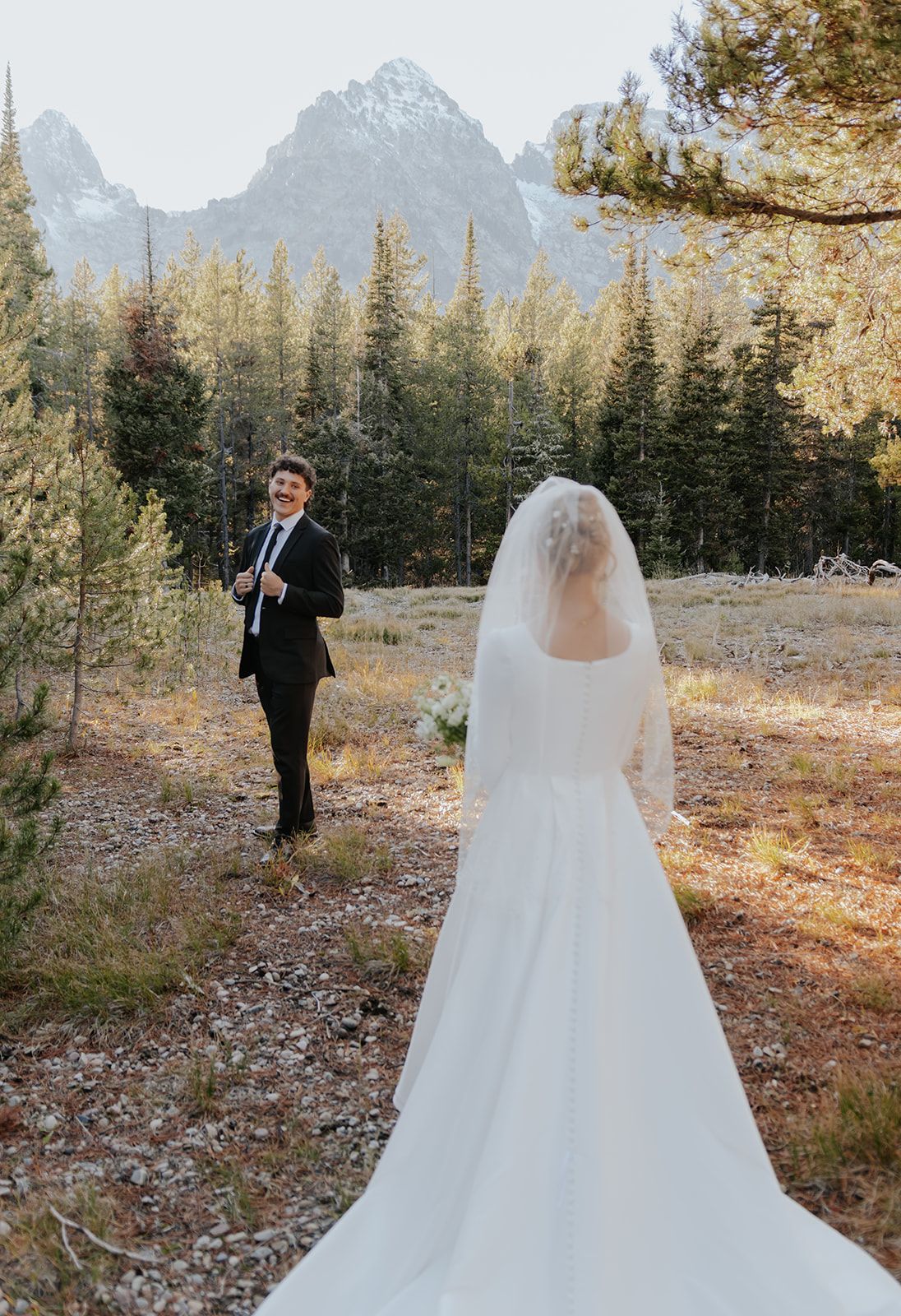 First look in Grand Teton National Park, mountain bridal photos