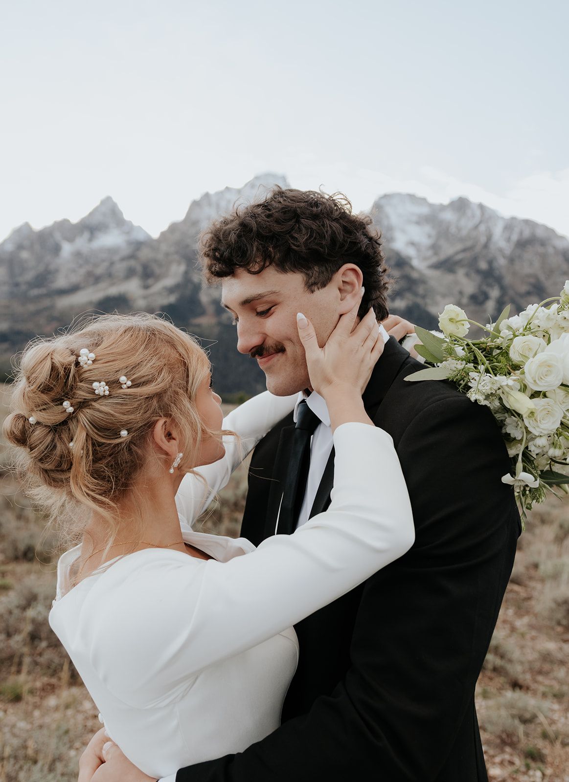 Candid bridal photoshoot in Grand Teton National Park, mountain elopement