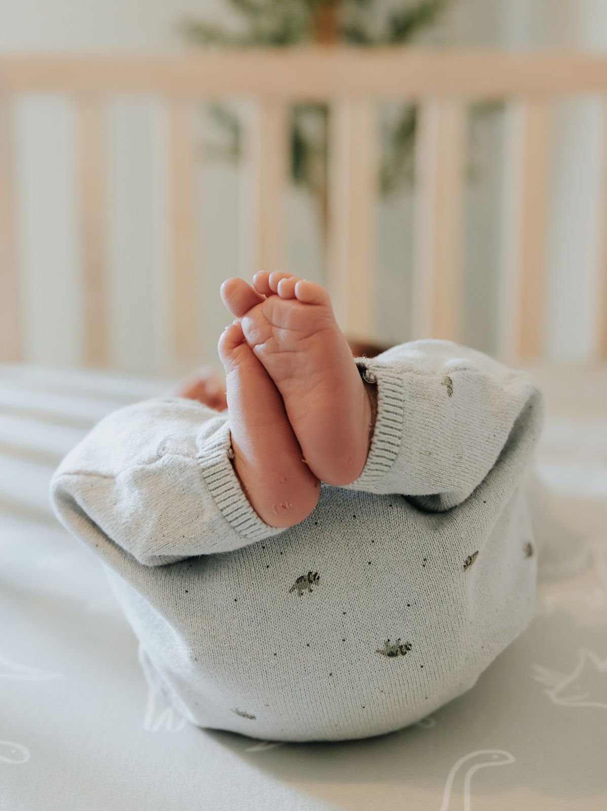 Newborn in crib, candid moments during newborn photoshoot in Springfield, Missouri. Detail shot of newborn feet