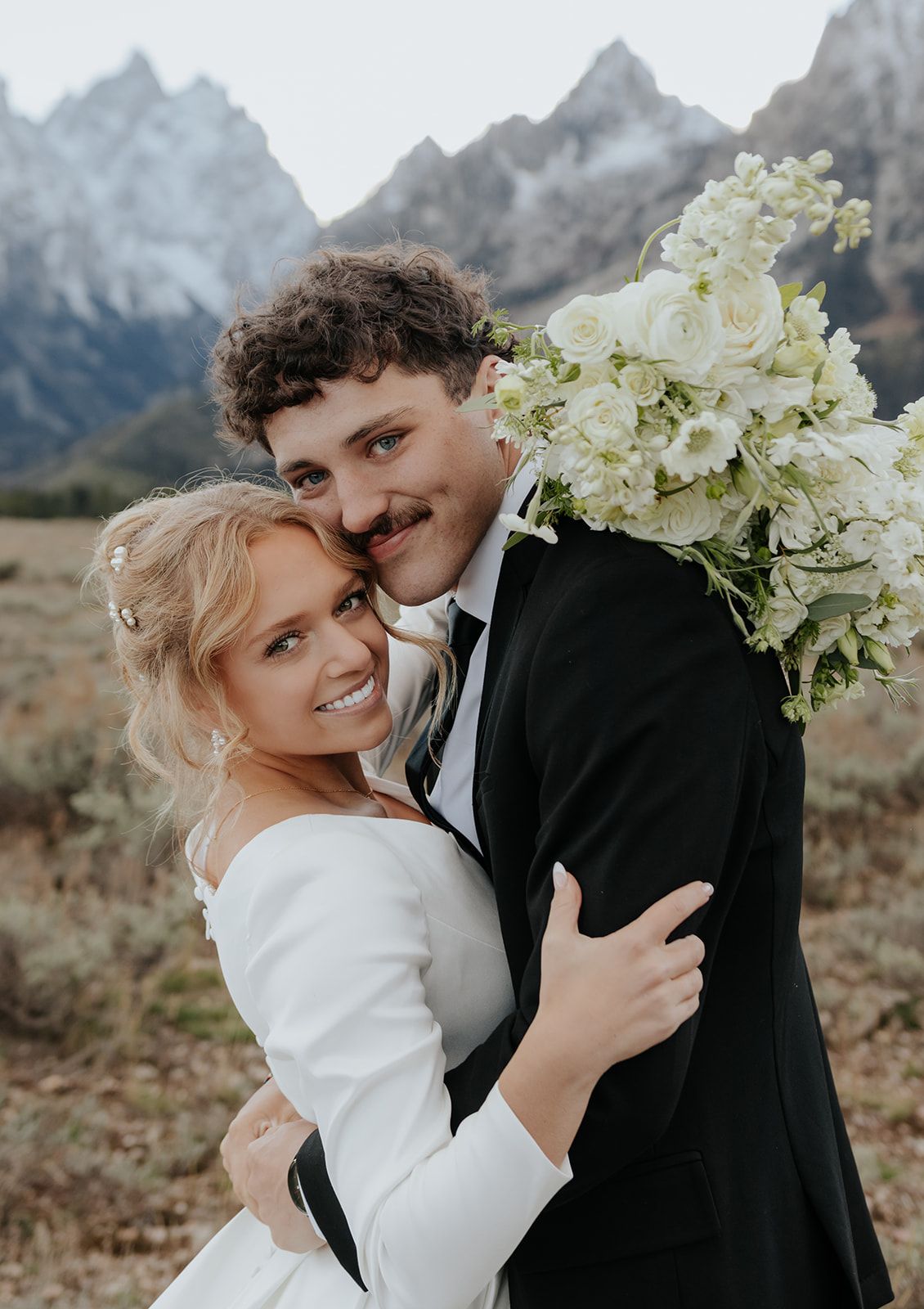 Candid bridal photoshoot in Grand Teton National Park, mountain elopement, bridal bouquet