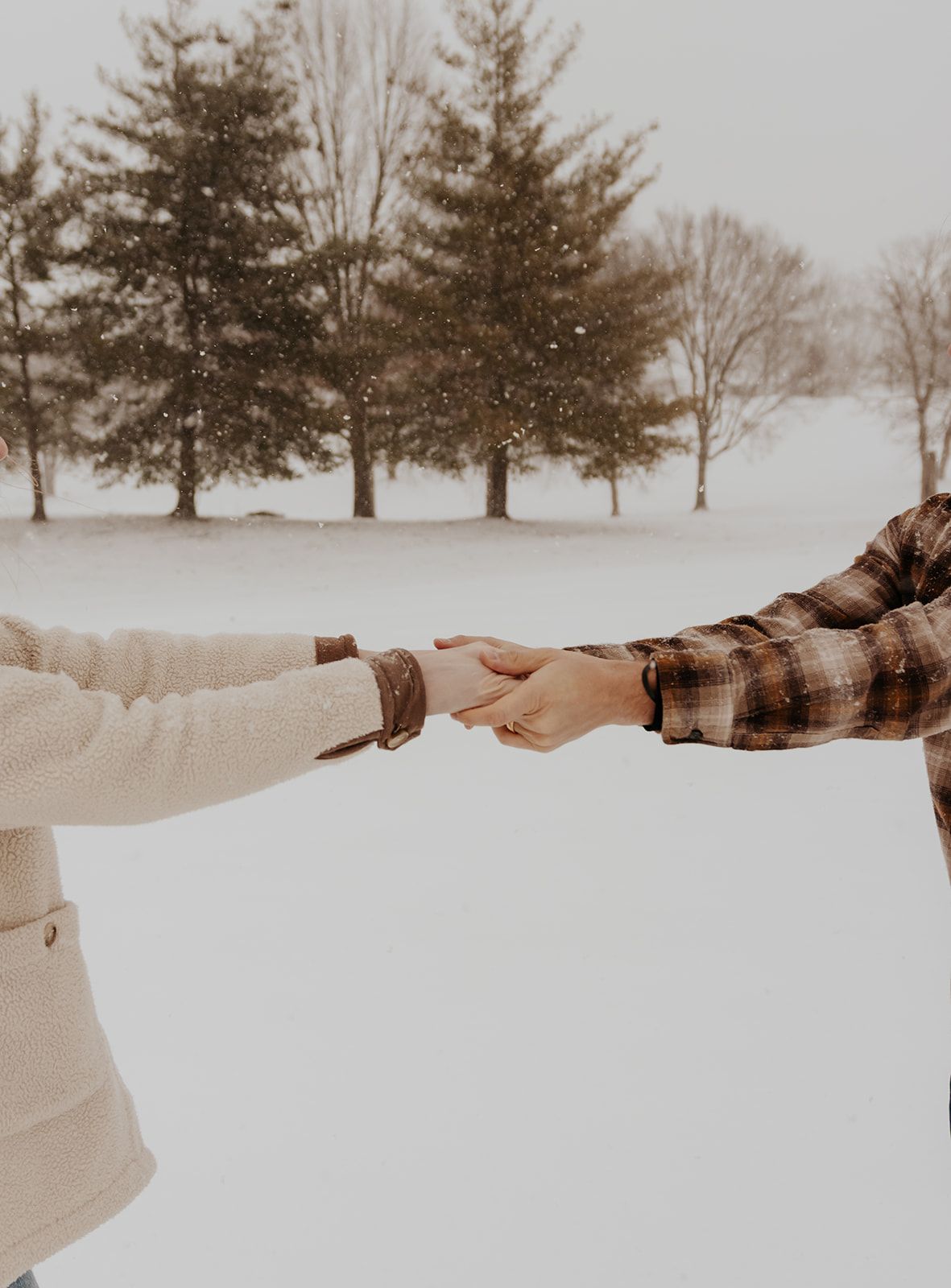 Couple holding hands in the snow