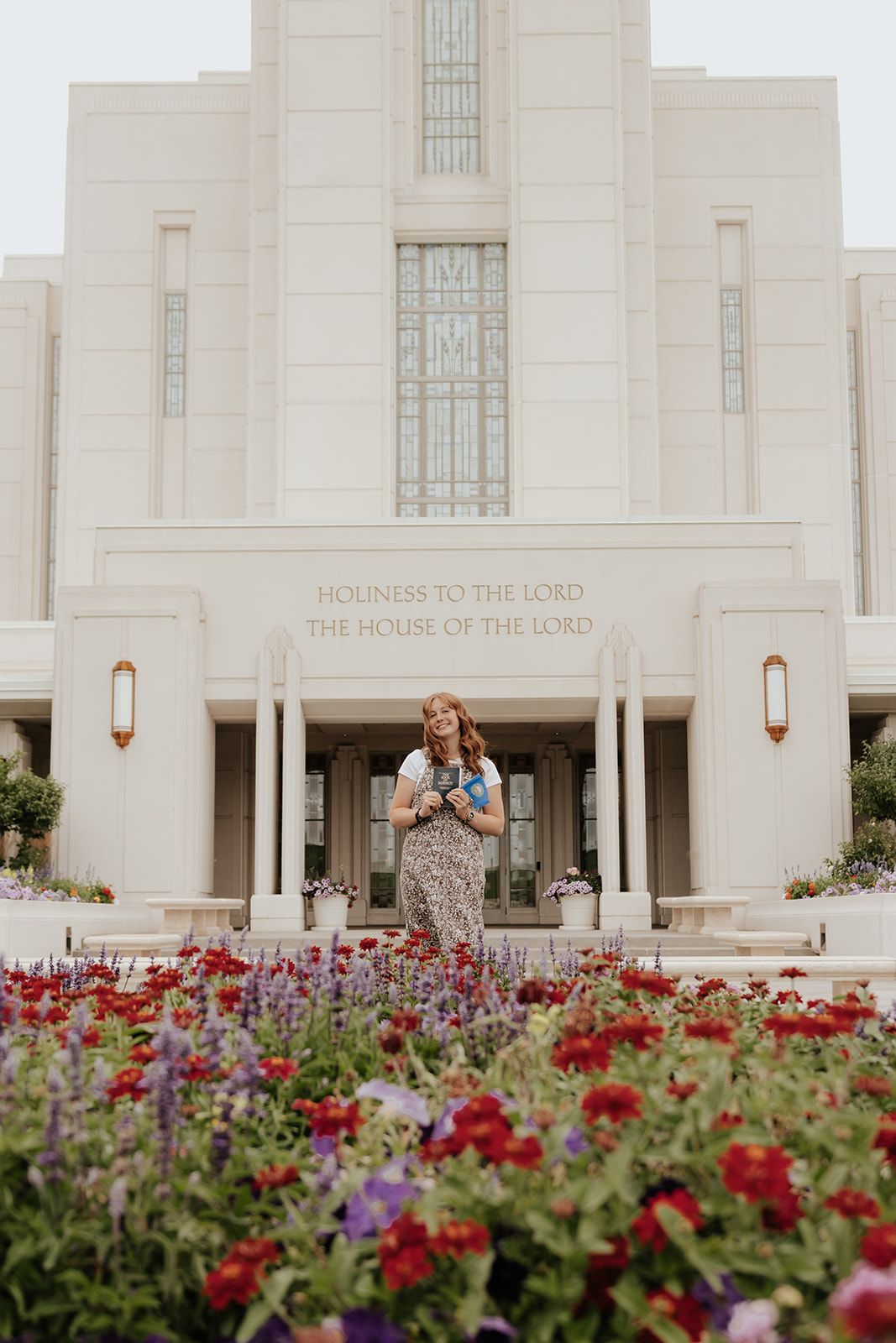 LDS sister missionary portrait session at the Rexburg, Idaho temple in the summer time
