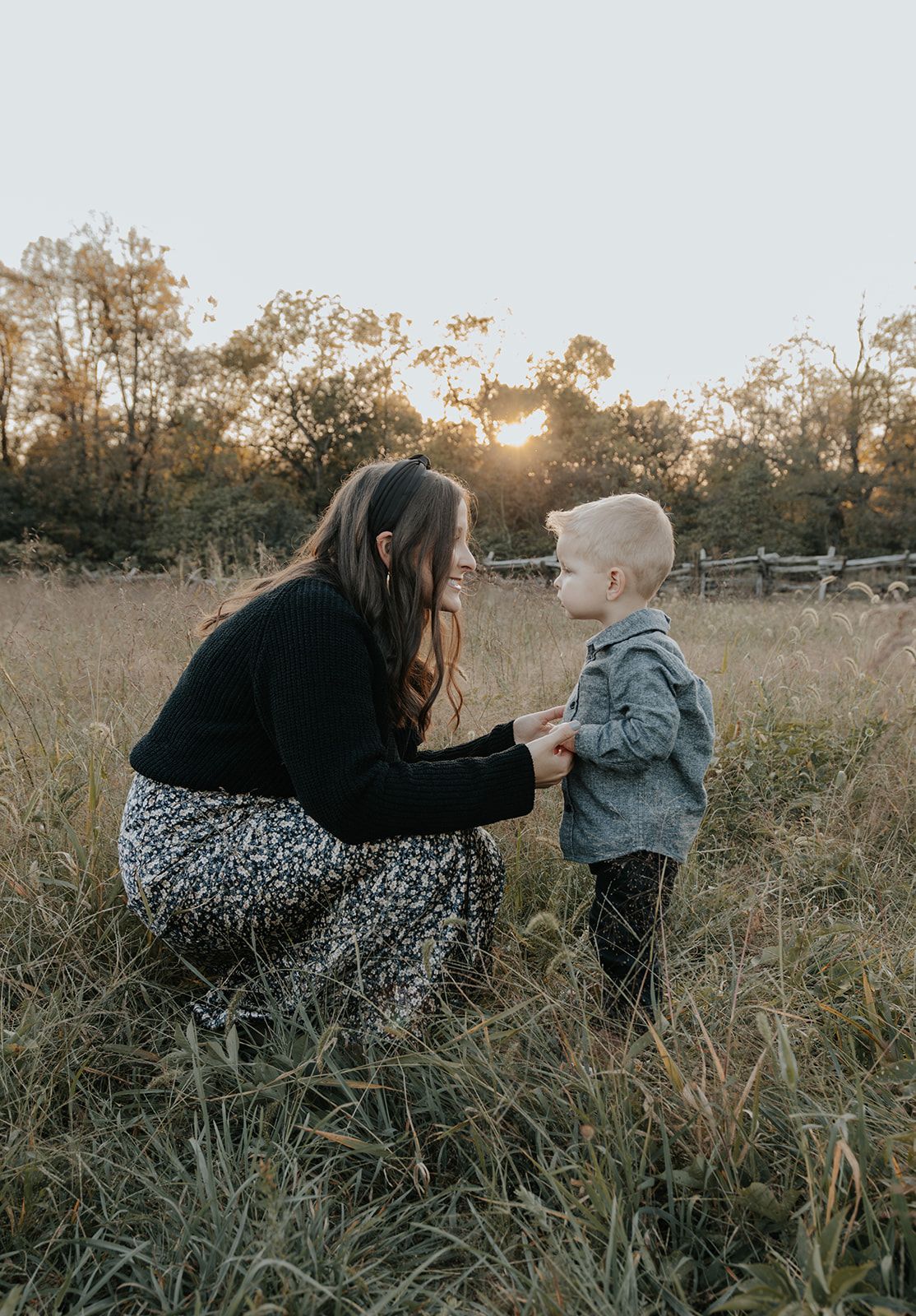 Mother and son candid moment during family photoshoot in Springfield, Missouri during the fall