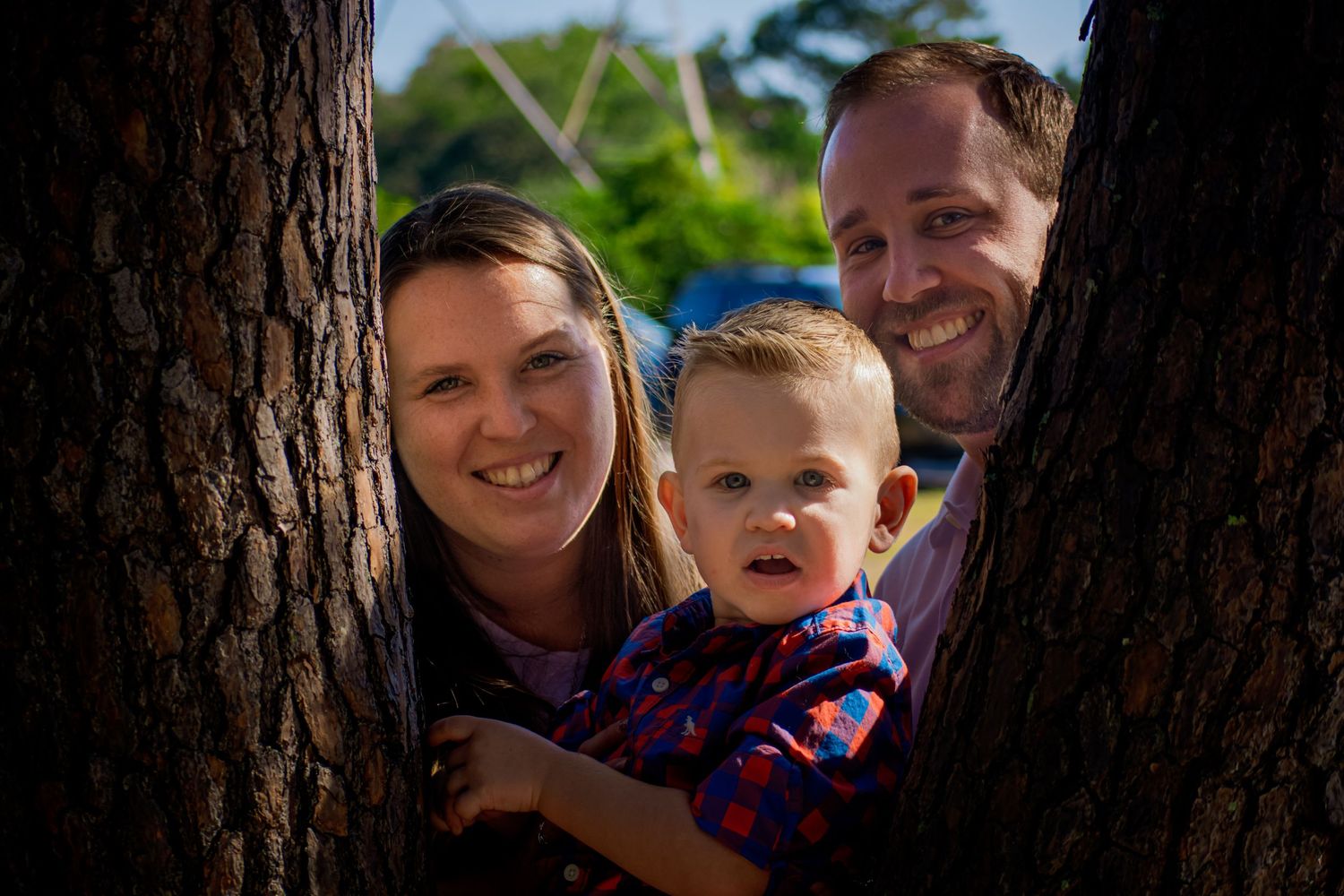 A series of candid family portraits taken outdoors with warm natural lighting and tree backdrop.