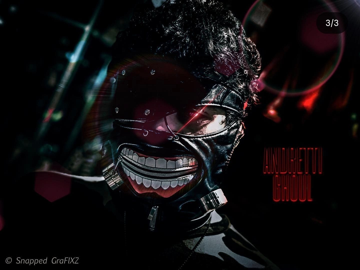 Dark artistic rendering of Tokyo Ghoul anime characters in dramatic red and blue lighting.
