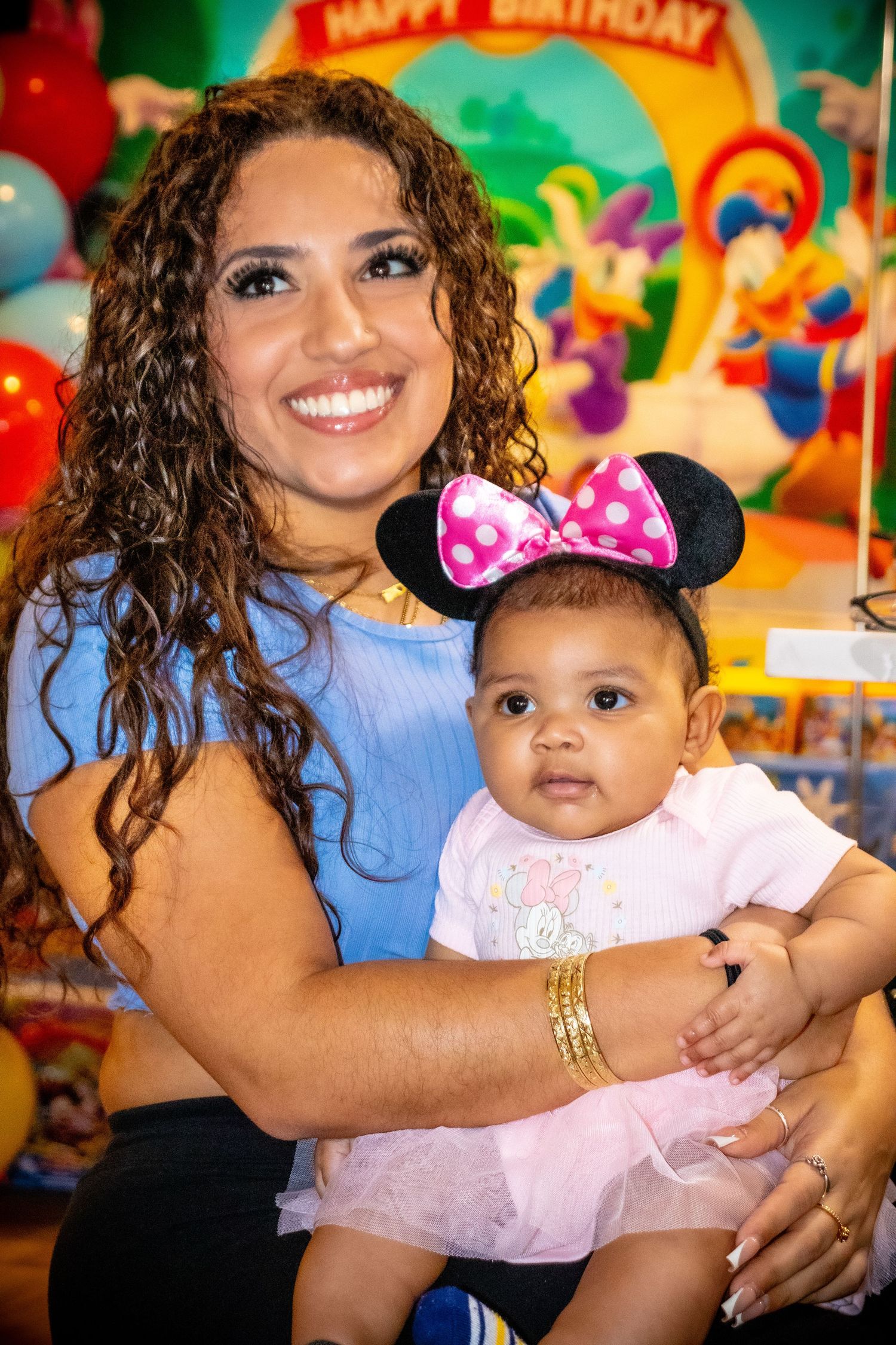 Colorful birthday celebration photos with festive decorations and Mickey Mouse theme.