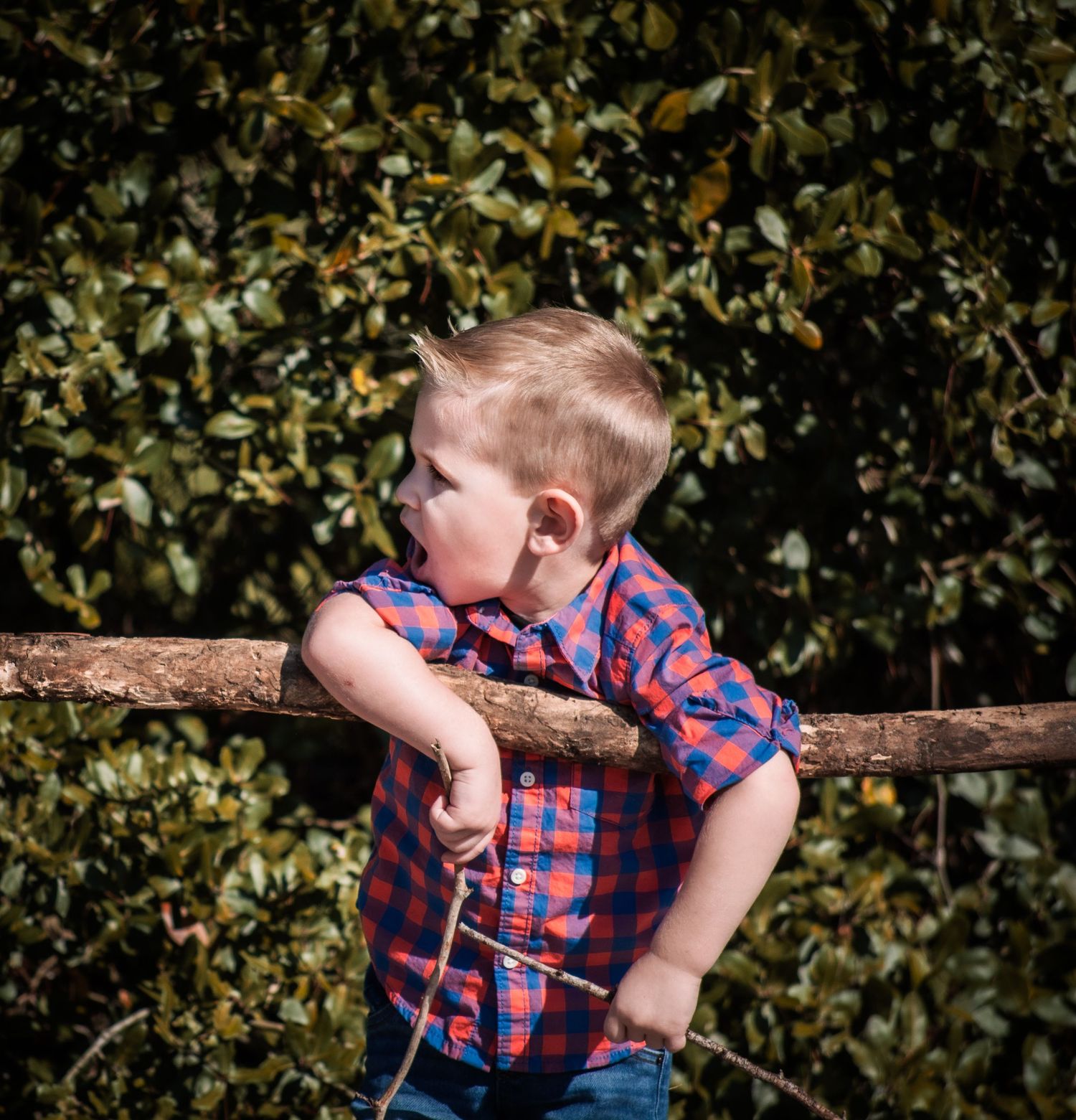 Child plays on wooden log among autumn foliage in natural outdoor setting.