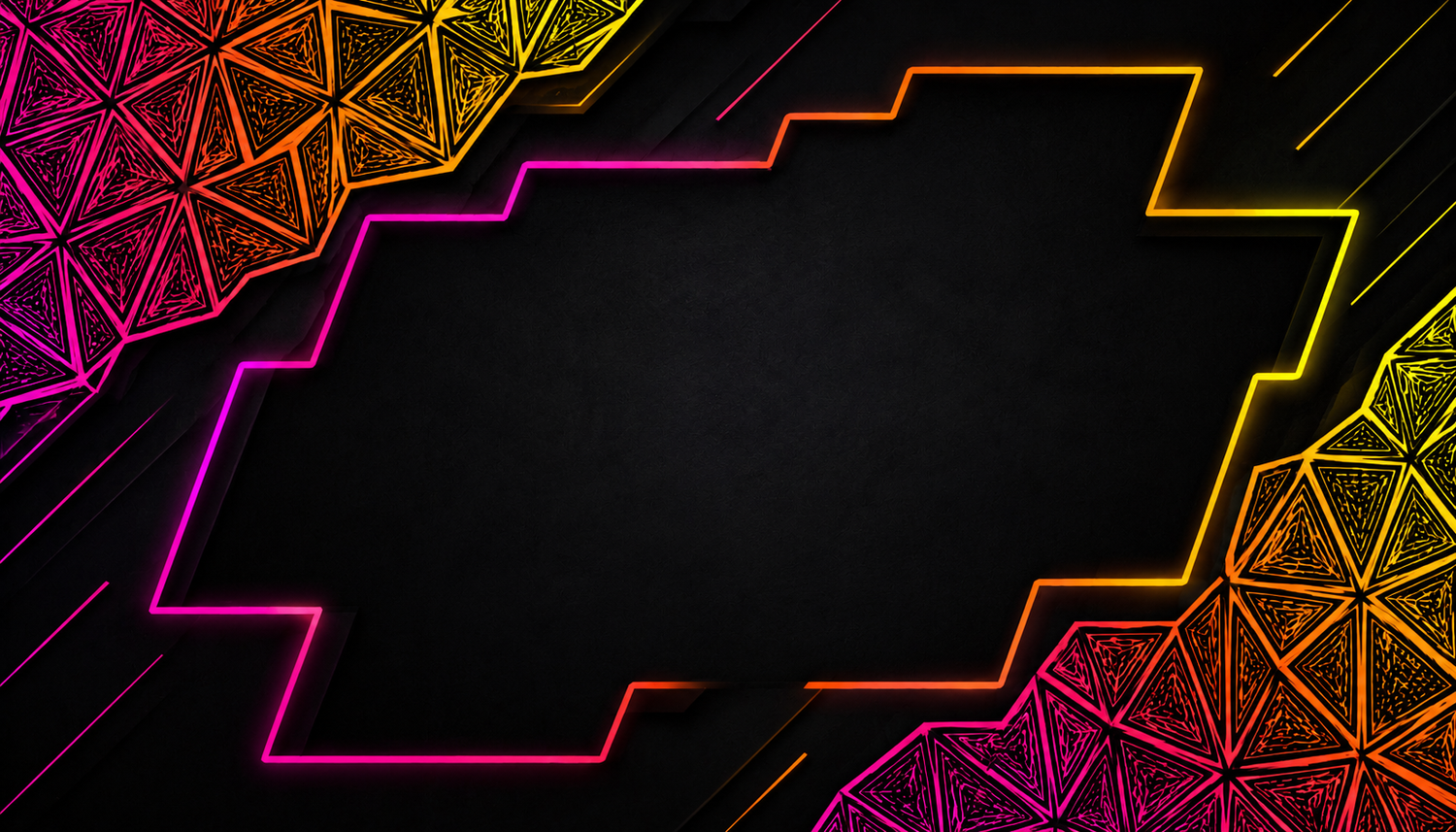 Neon geometric shapes glowing in pink, yellow, and orange on a dark black background, creating a vibrant futuristic design.
