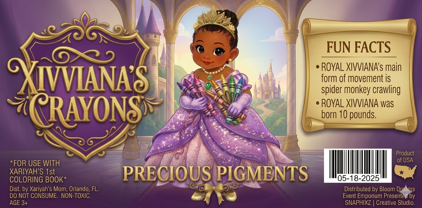 Xivviana's Crayons Precious Pigments box featuring an illustrated young Black princess in a purple gown with a golden tiara.