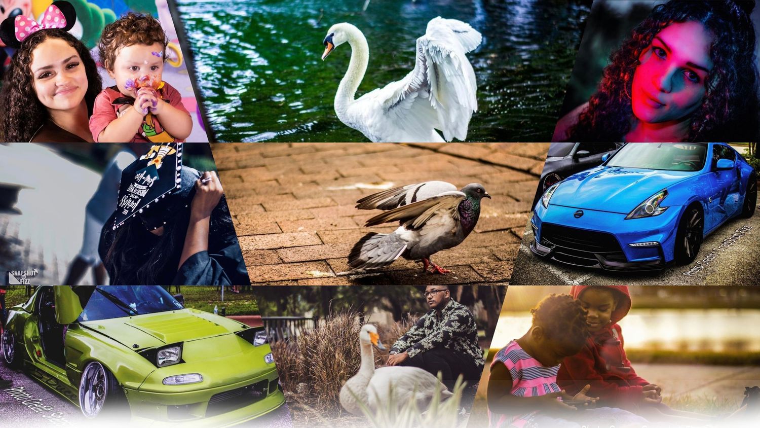 Outdoor event scene with decorative elements including a white swan and colorful vehicles.
