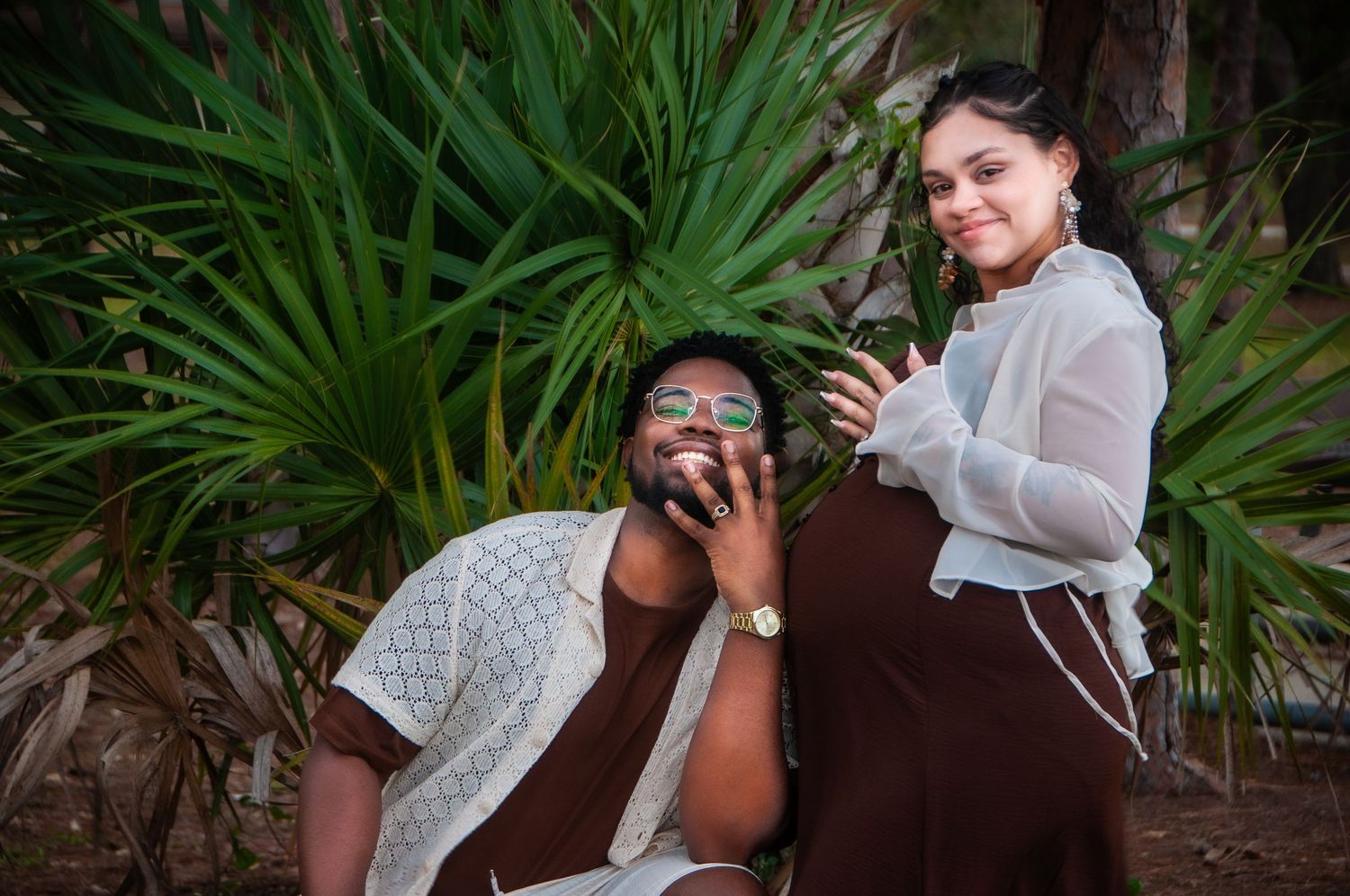 Series of outdoor photos with greenery and palm fronds in the background.