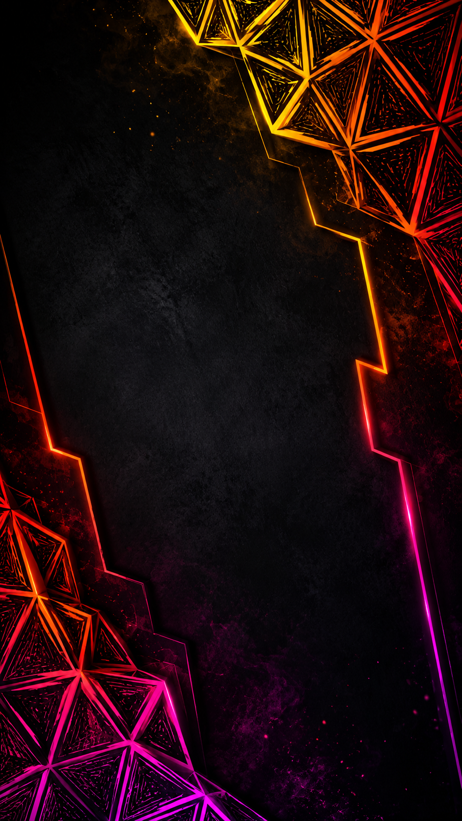 Neon geometric shapes with glowing yellow, orange, and pink triangles on a dark textured background.