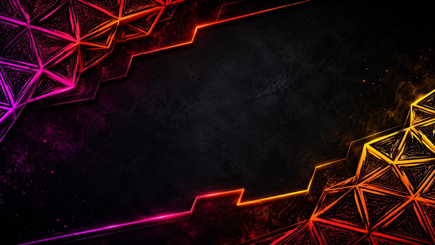Dark gaming wallpaper with neon pink, red, and orange geometric triangle patterns glowing on a black textured background.