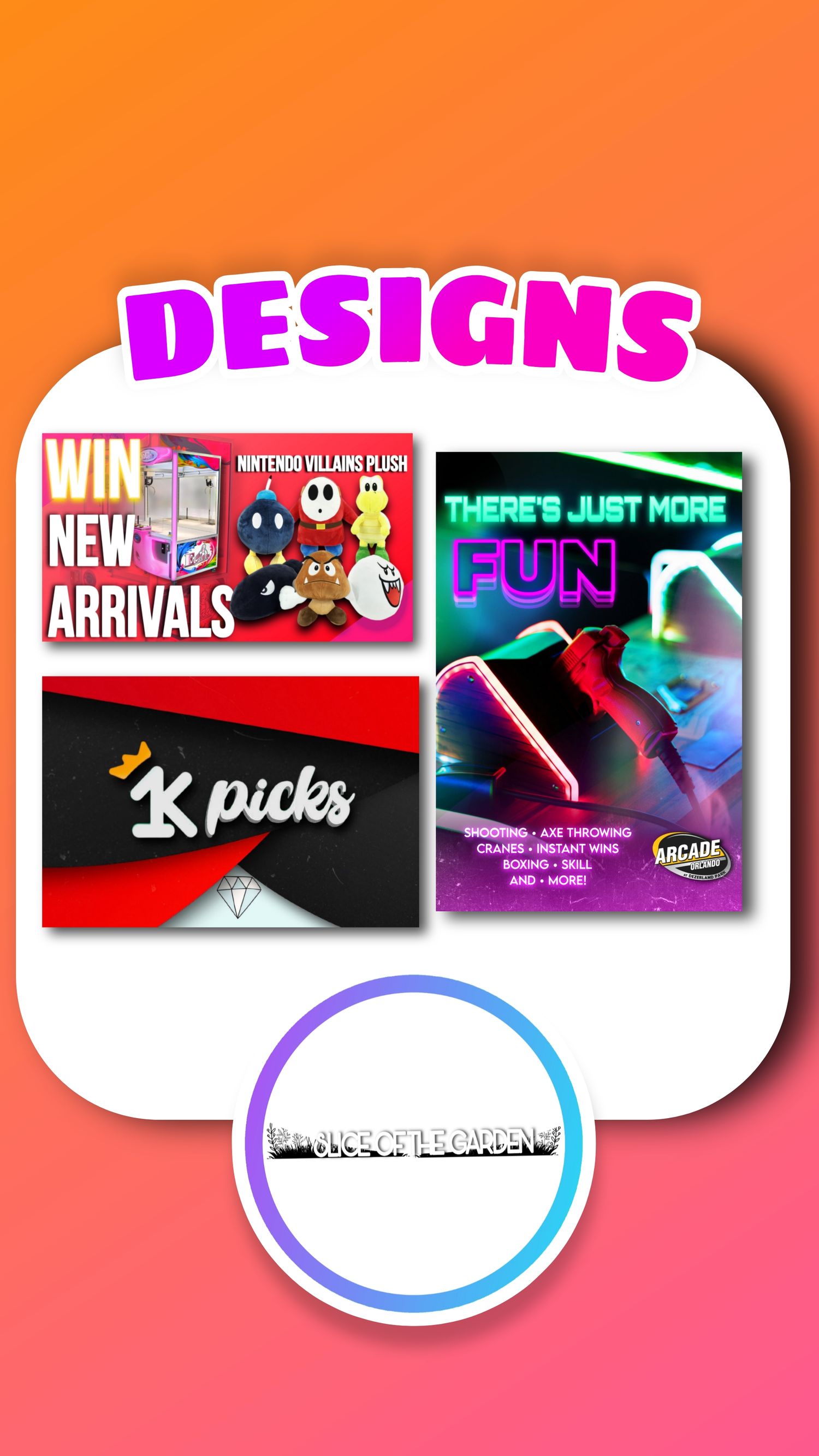 Marketing design elements featuring arcade games and Nintendo themes on gradient background.