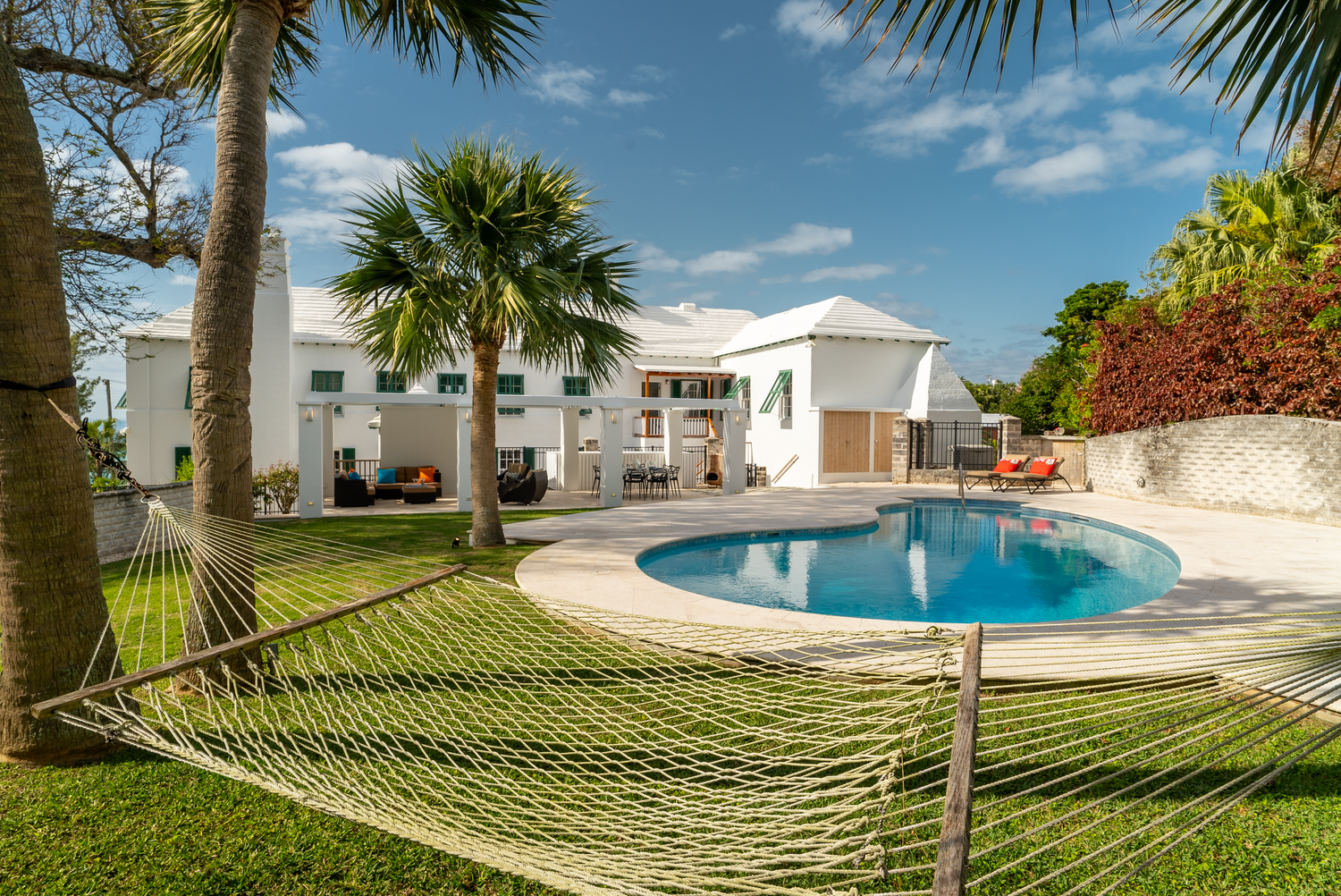 Panoramic view of a curved swimming pool surrounded by palm trees and modern architecture.