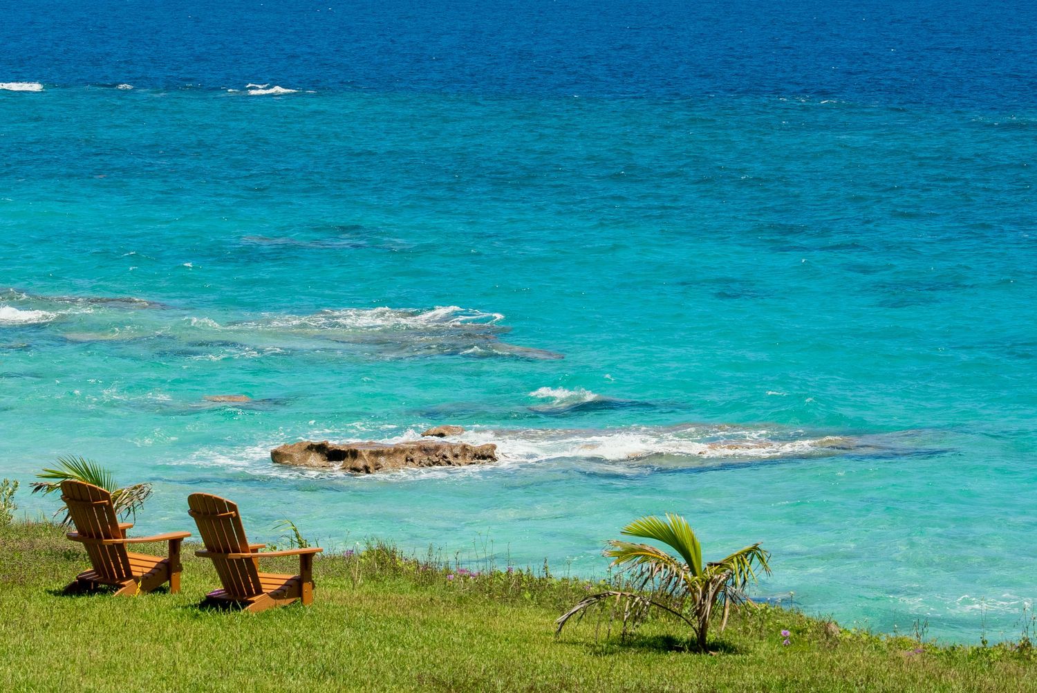 Pristine turquoise ocean waters meet rocky coastline under bright blue sky.