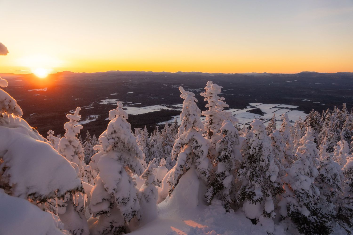 Dramatic winter sunset over snow-capped mountains with frost-covered trees in the foreground.
