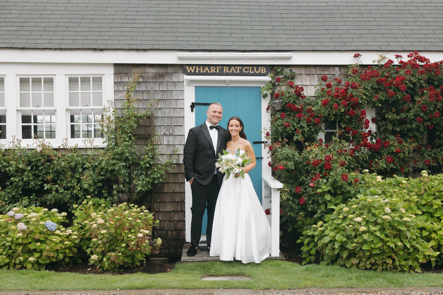 Wedding photography sequence outside classic Cape Cod style homes with beautiful landscaping.