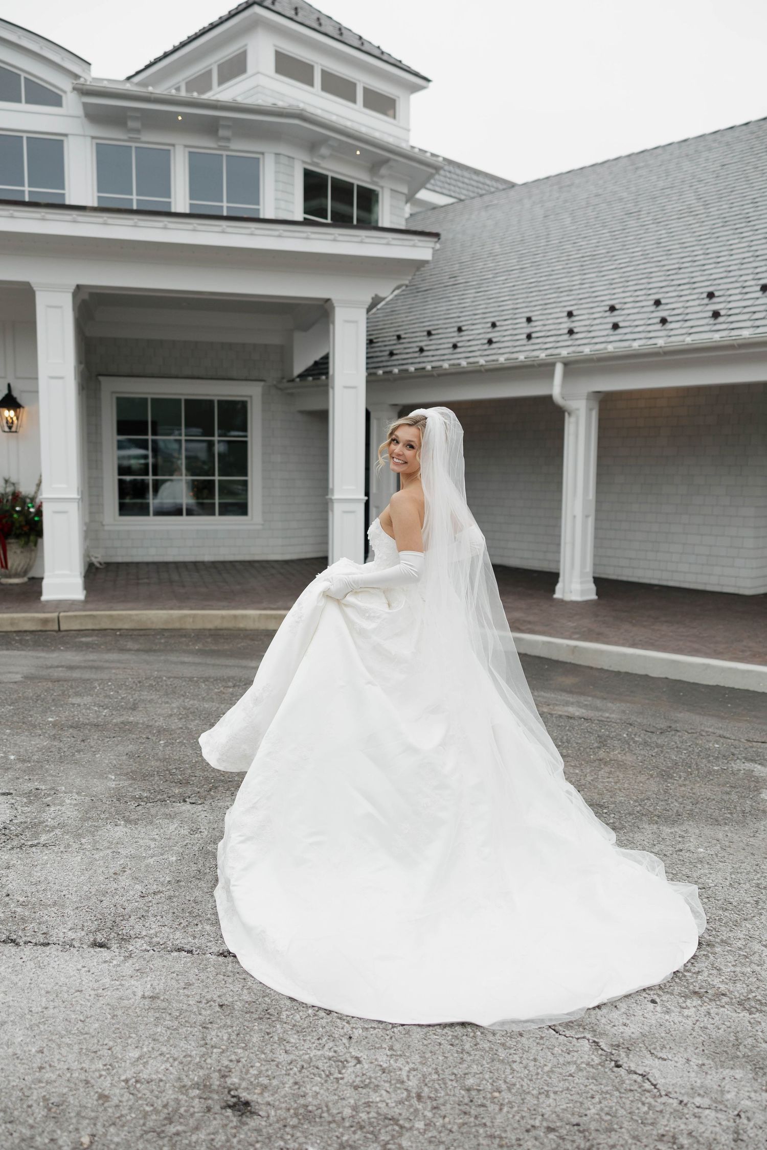 Wedding dress silhouettes photographed in sequence outside a white colonial-style building.