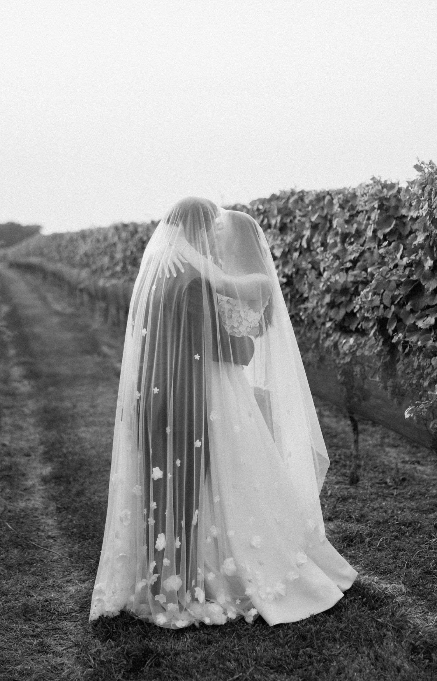 Two wedding dresses with veils create an artistic silhouette against a vineyard backdrop.