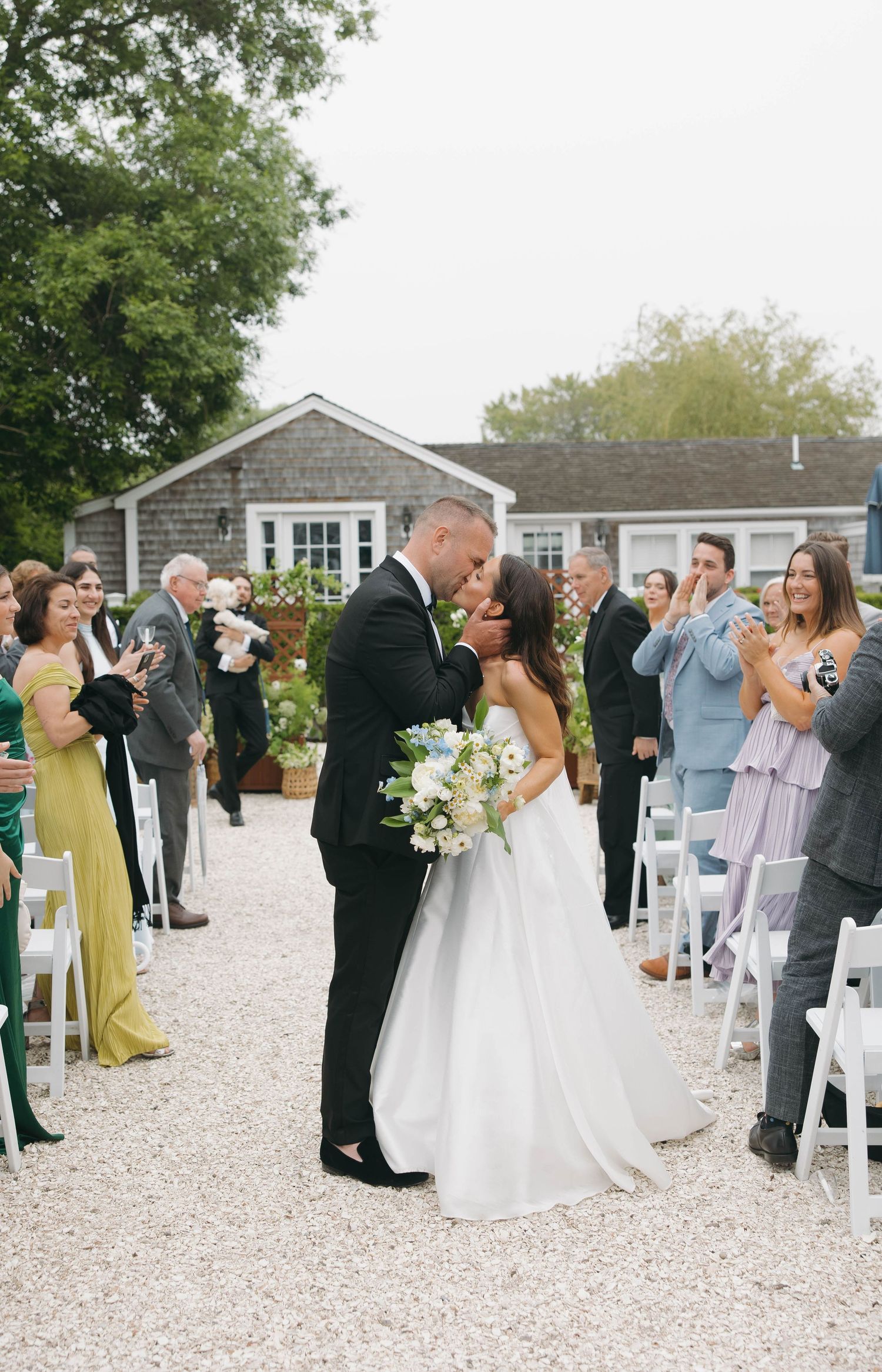 Celebratory moments from wedding ceremony with guests in colorful attire.