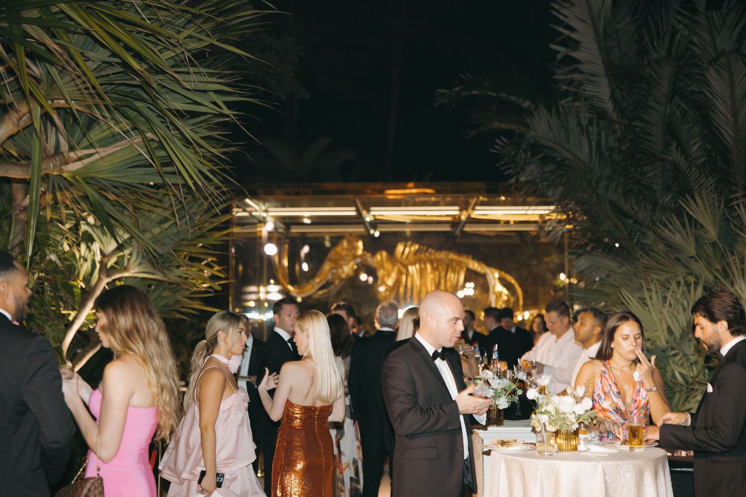 Outdoor evening wedding reception with guests mingling among palm trees.