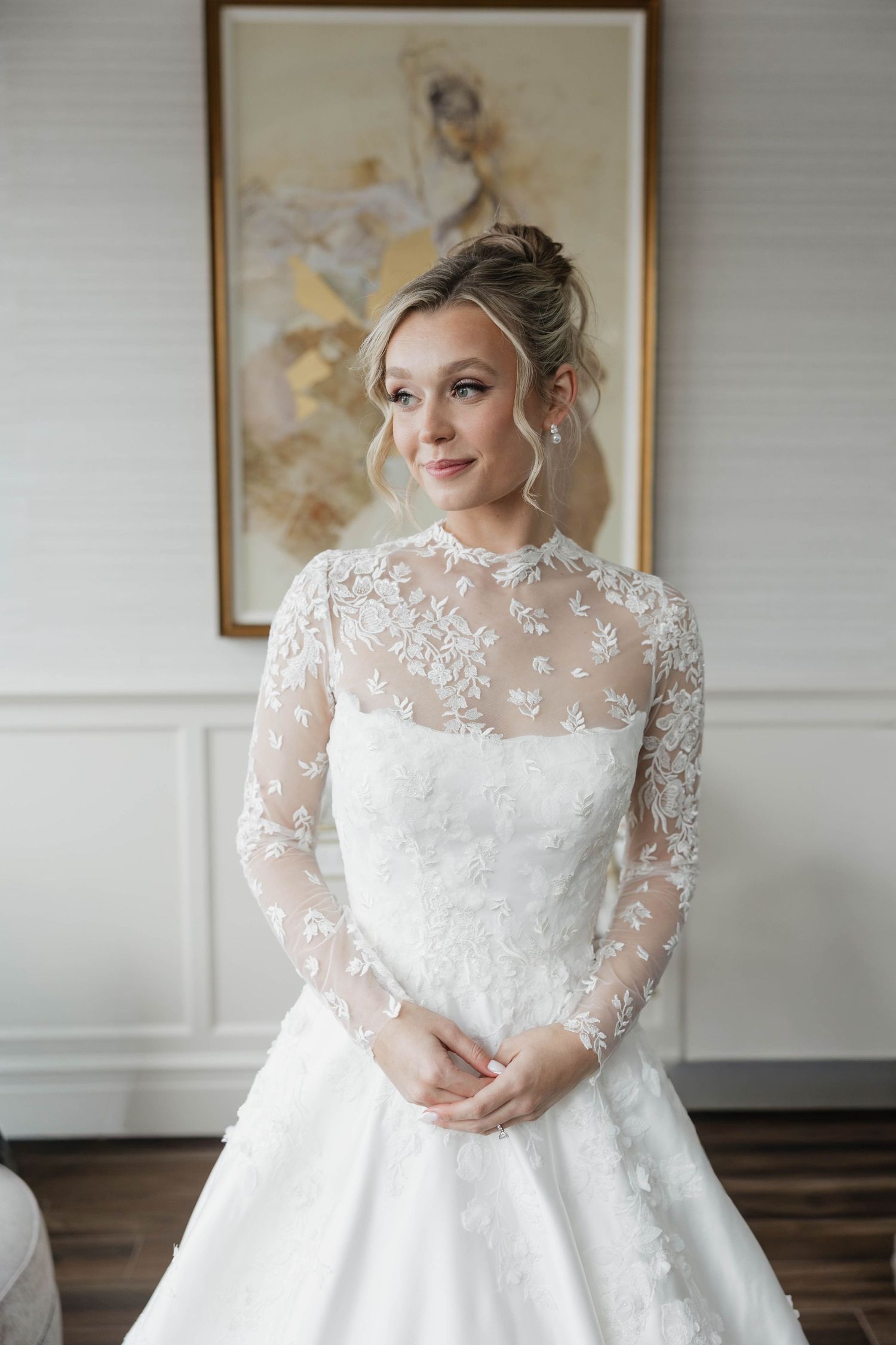 Sequence of bridal portraits featuring detailed lace sleeves and classic white gown.
