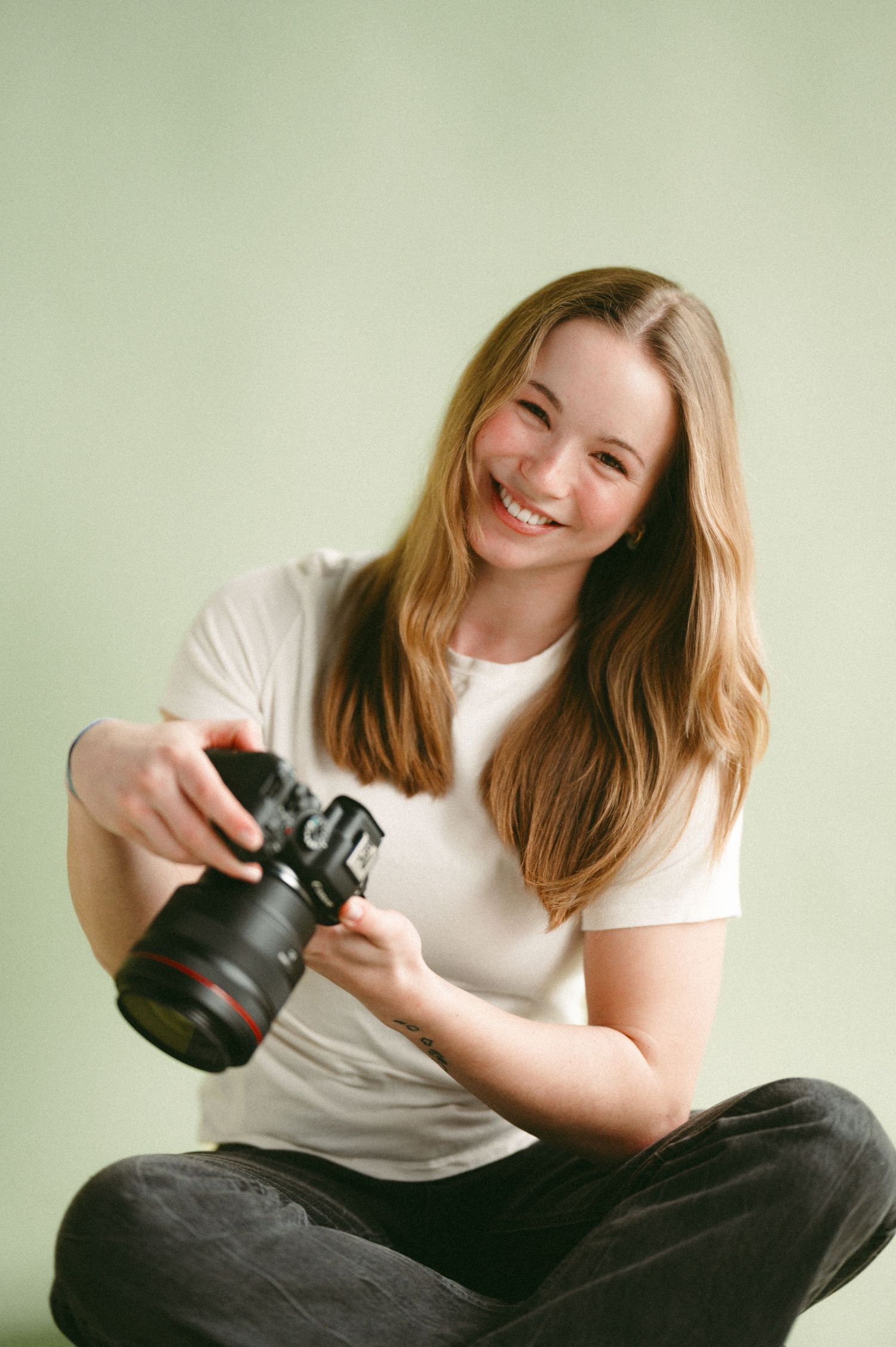 Series of casual portraits against a light green background showing someone with a camera.