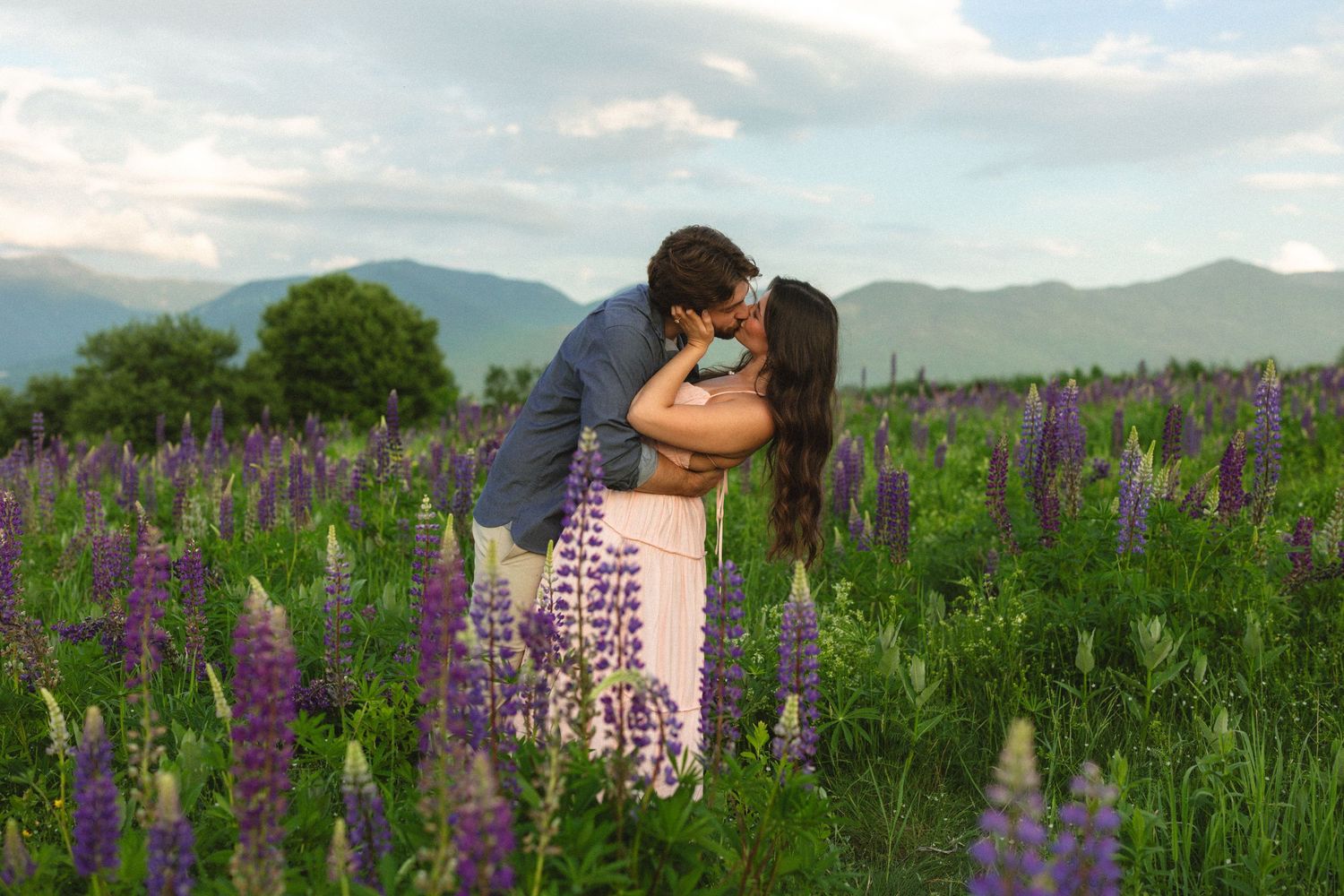 Couple kissing in a vibrant purple lupine flower field with mountains and cloudy sky in the background.