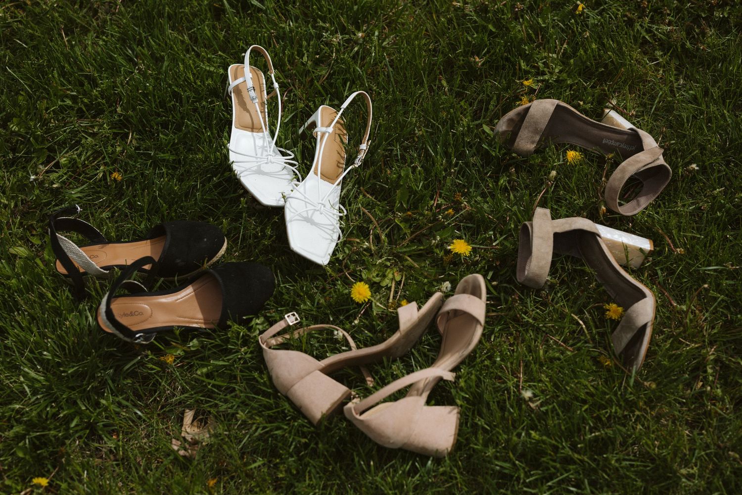 Four pairs of elegant heeled shoes arranged on lush green grass with yellow dandelions, including white, black, and nude styles.