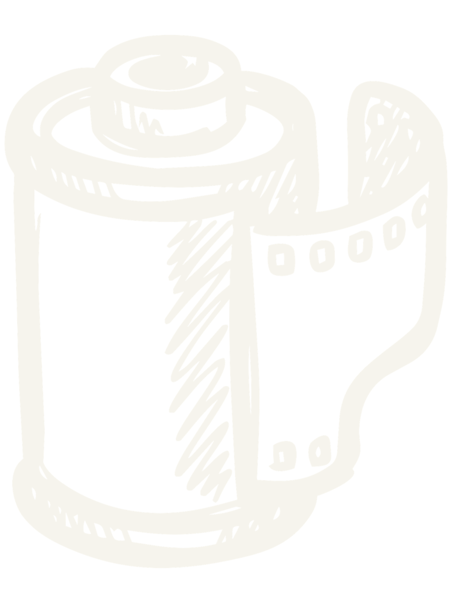 A vintage 35mm film canister roll illustration in a light beige sketch style on white background.