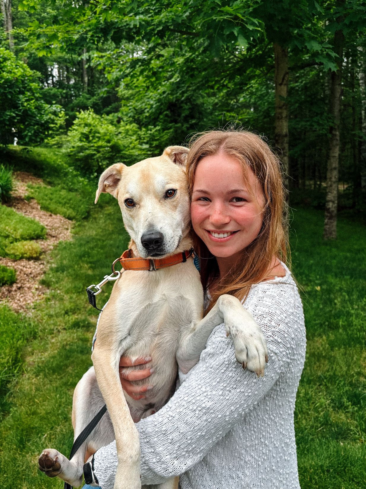 Happy dog and companion sharing affectionate moment in lush green forest setting.