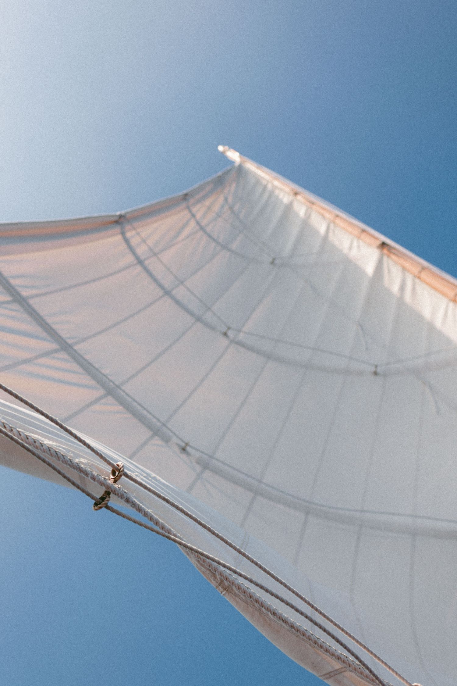 White sailboat canvas billowing against a bright blue sky.